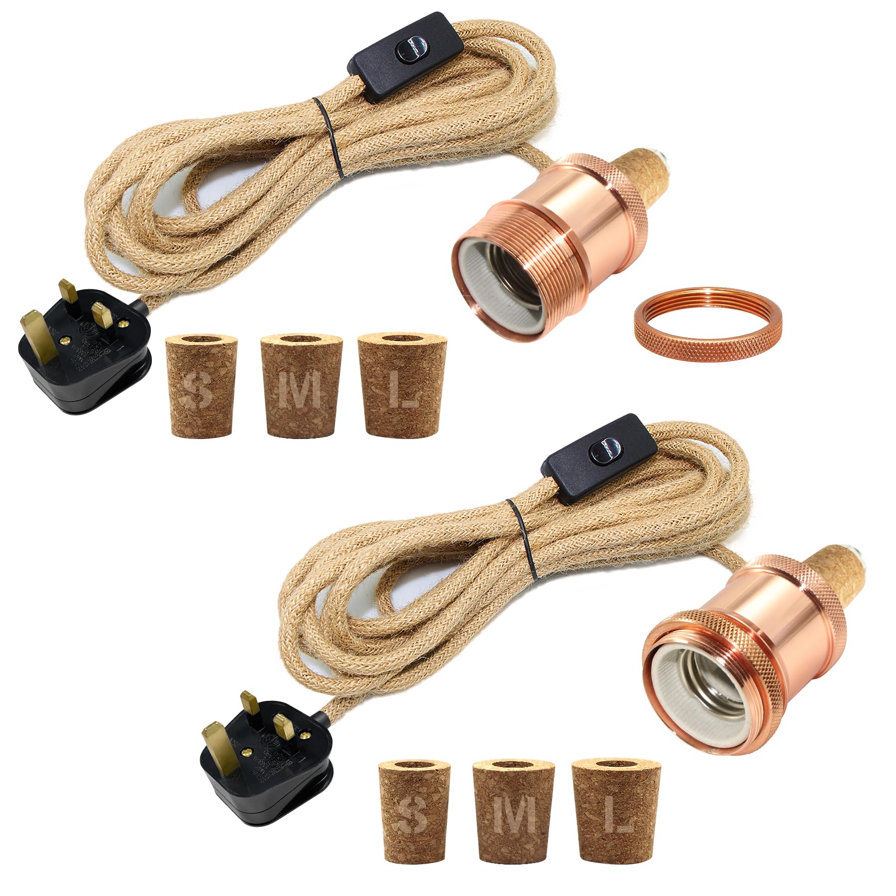 2 Packs Bottle Lamp Kits Do It Yourself UK, E27 Lamp Holder, 240CM Hemp Rope Cable, Bottle Light Kit, Including 3 Sizes of Stoppers, DIY Table Light Fitting for Different Bottles, Rose Gold