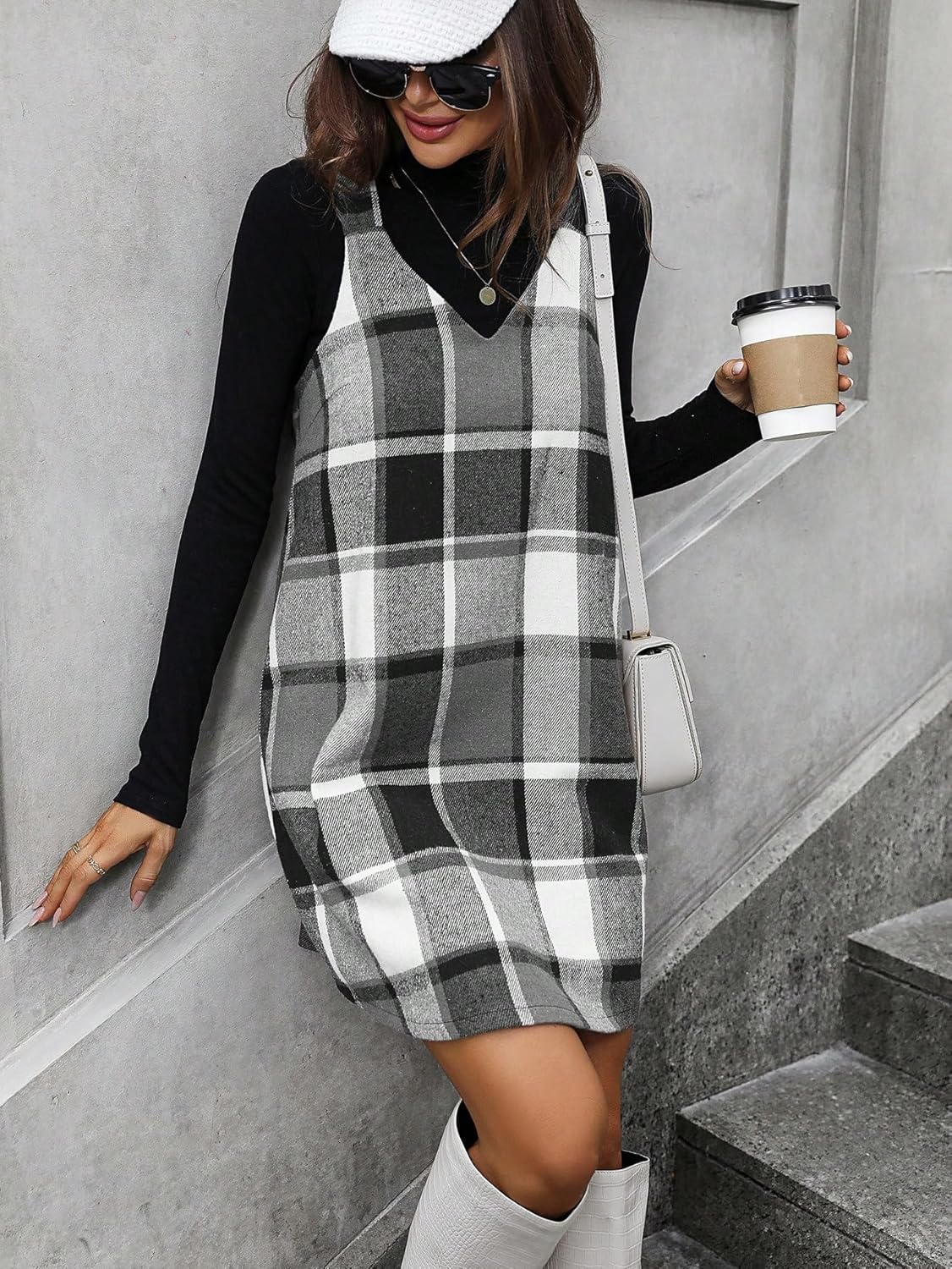 SOLY HUX Women's Plaid Pinafore Overall Dress Fall Casual Sleeveless V Neck Straight Short Jumper Dress - Image 3