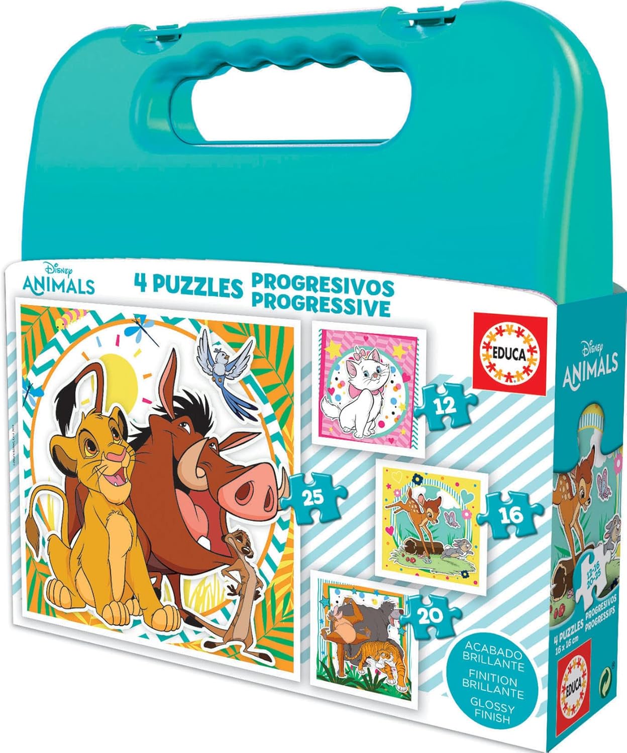 Educa - Maleta Progresivos Disney Animals , 4 puzzles progresivos de 12-16-20-25 piezas cada uno , Medida aproximada del puzzle: 16 x 16 cm , A partir de 3 años (19309)