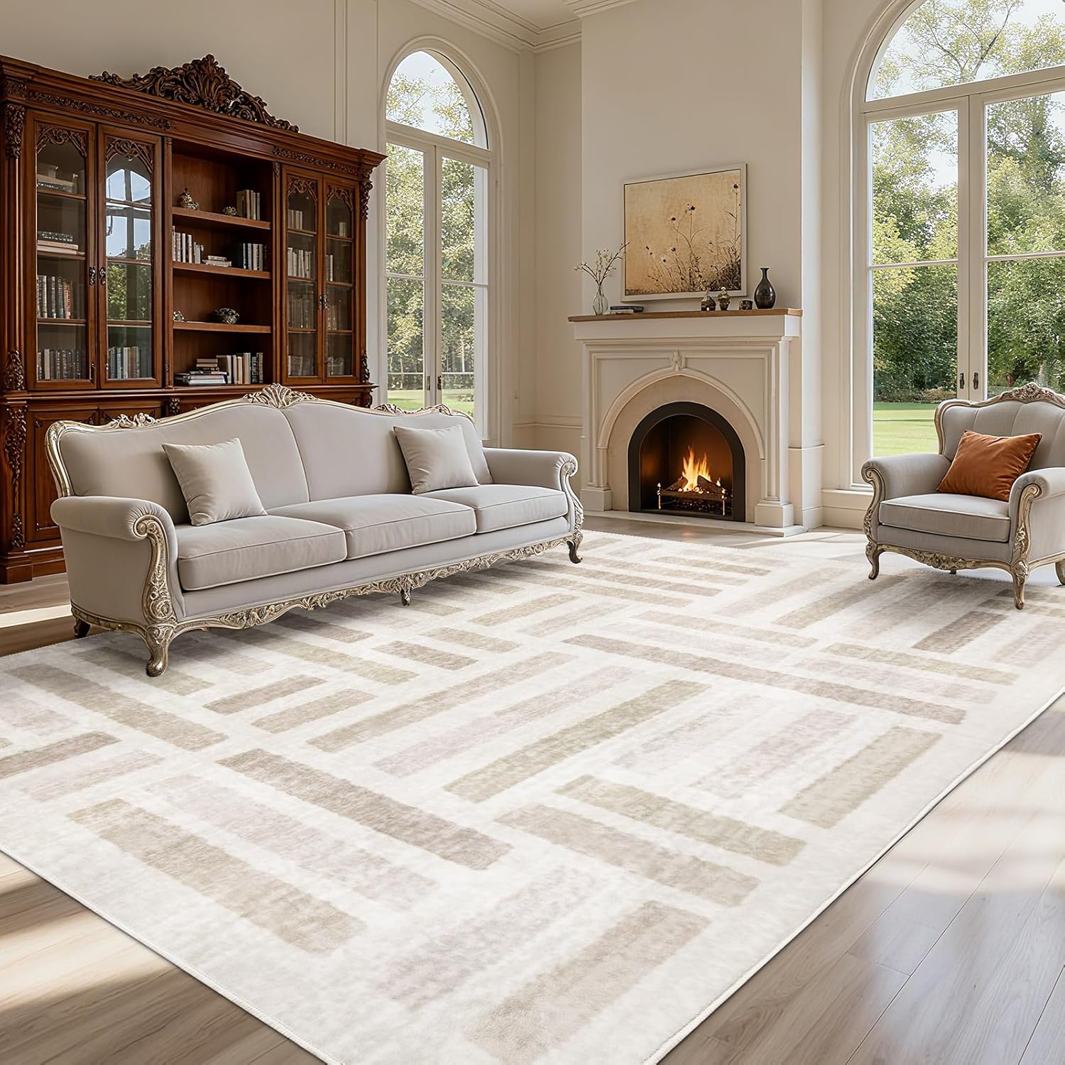 Washable Area Rugs, 8x10ft Soft Rug for Living Room and Bedroom Vintage Striped Rug Stain Resistant with Non Slip Backing Geometric Checkered Foldable Print Mat for Home Decor 10' x 8' (Rectangular) Beige