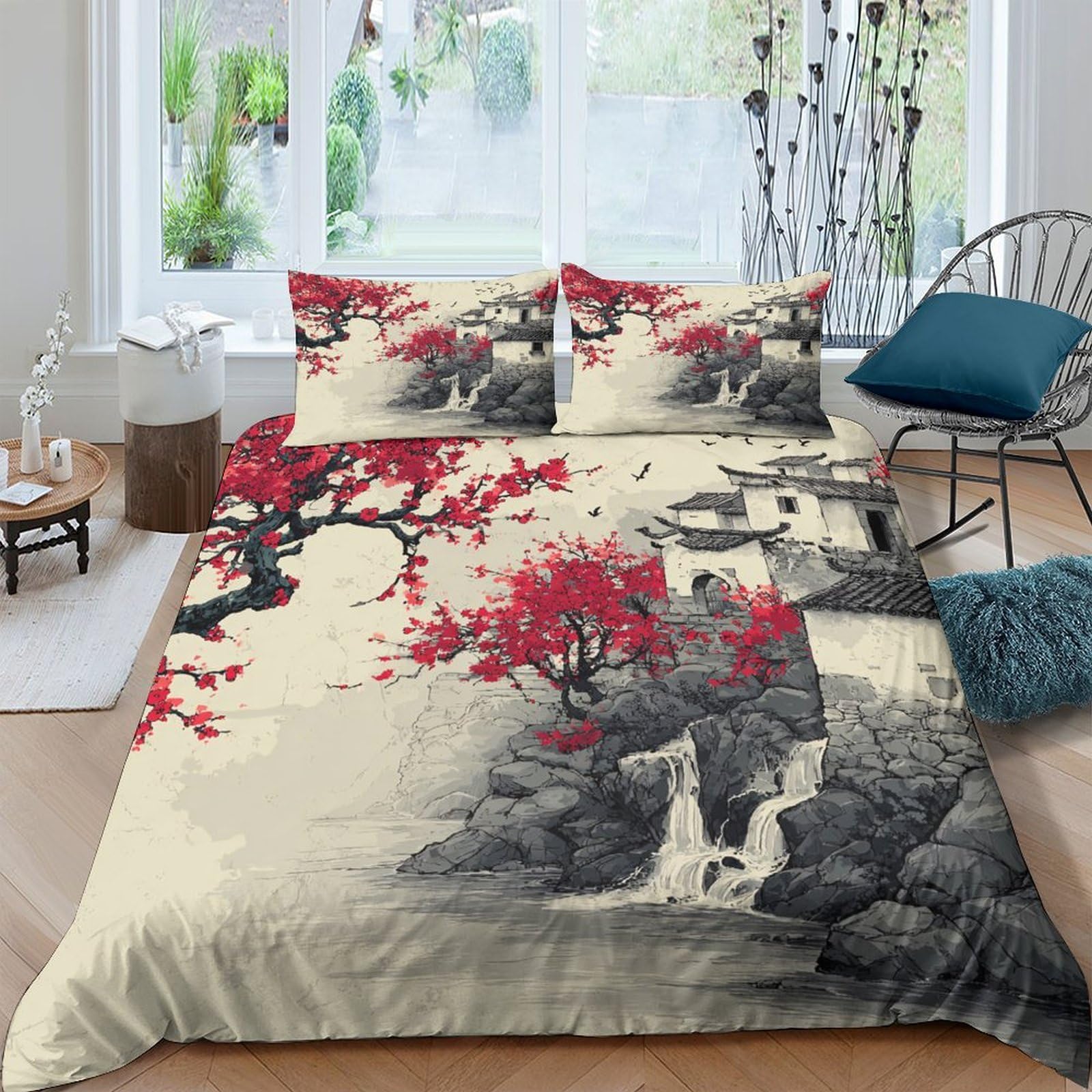 GPLZQXKJNH 3D Printed Chinese Landscape Duvet Cover Microfiber Soft Breathable Sakura Waterfall Bedding Set with 2 Pillowcases for Bedroom Decor Single（135x200cm）