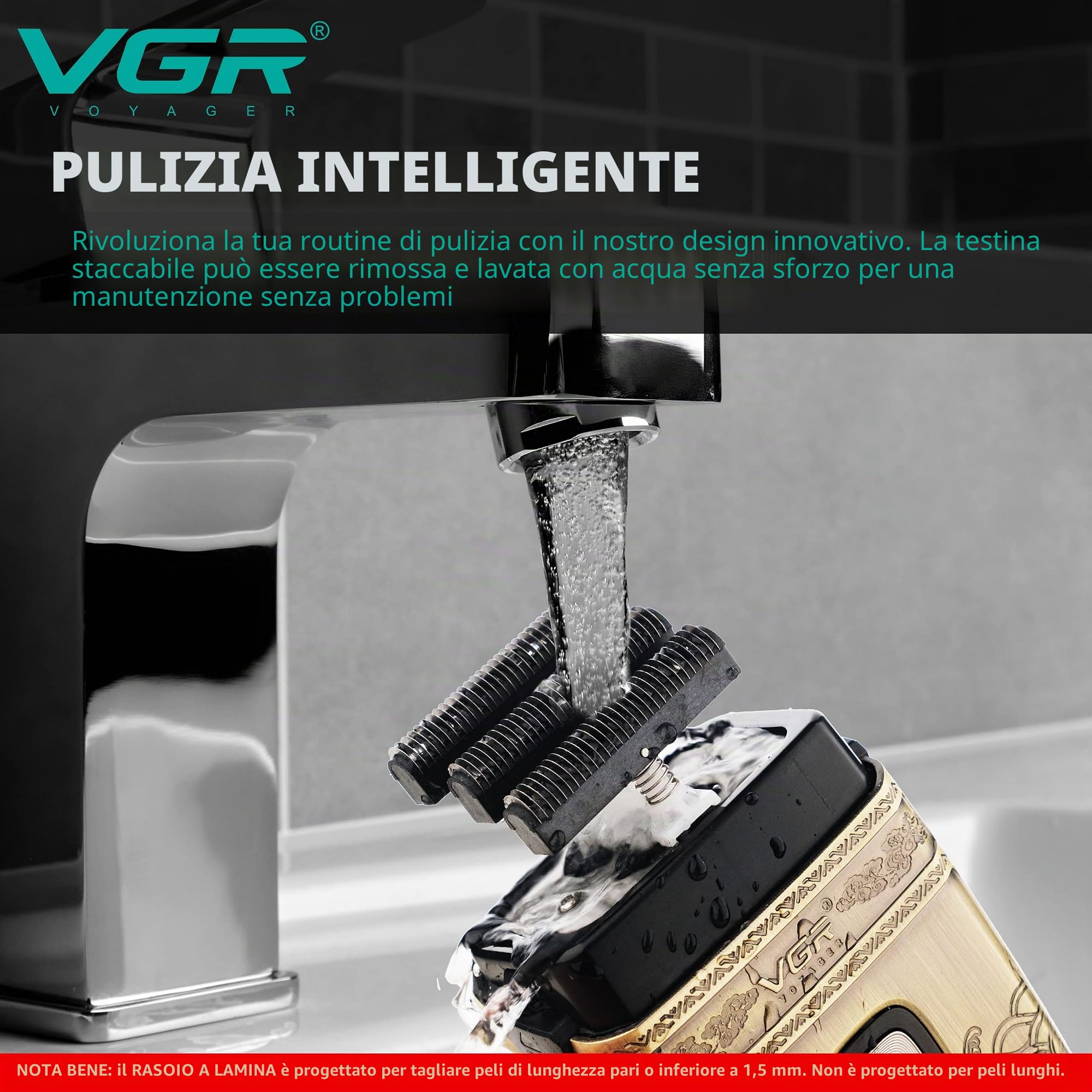 VGR Rasoio elettrico da uomo, con lamina che scolorisce la pelle, impermeabile IPX6, lavabile, ricaricabile, senza fili, per testa calva, barba, viso, ideale per barbieri o uso domestico