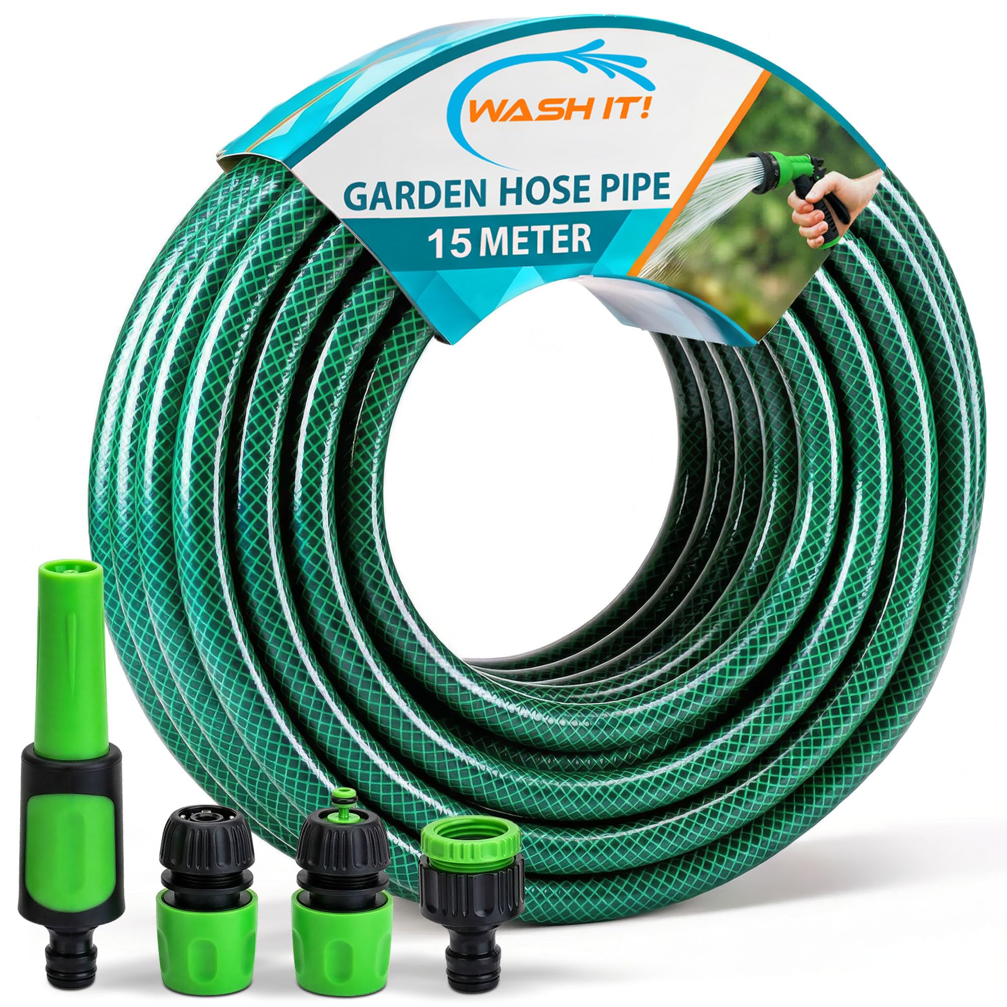5pc Garden Hose Pipe with Connectors and Adjustable Spray Nozzle Fitting - Reinforced Weatherproof Garden Hosepipe with Hose Nozzle and Hosepipe Connectors for Car Washing and Plant Watering (15m)