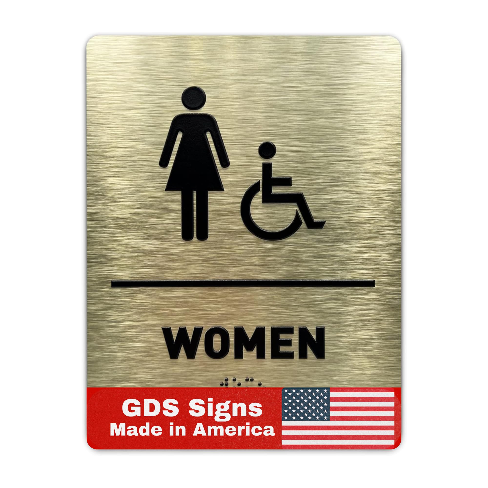 Photo 1 of Women/Wheelchair Restroom Sign by GDS - ADA Compliant, Wheelchair Accessible, Raised Icons, & Grade 2 Braille - Includes Adhesive Strips for Easy Installation - Bathroom Signs for Business, Restroom Sign, Restroom Signs for Business - 6" W x 8" H (Brushed