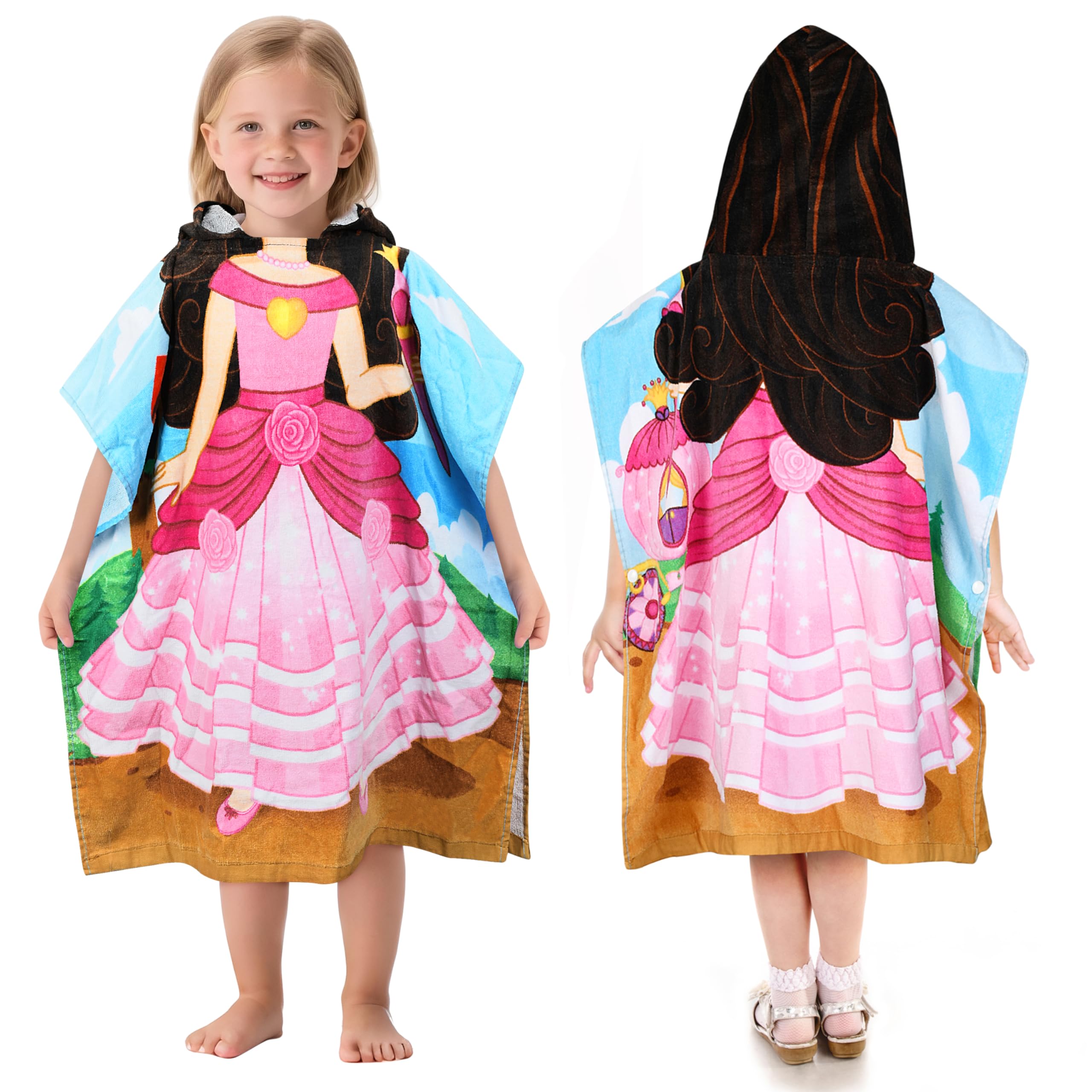 Tirrinia Princess - Toalla poncho para niños, toalla con capucha para surfear, playa, baño, natación, regalo para niñas de 2 a 7 años, 24 x 52 pulgadas, 100% algodón