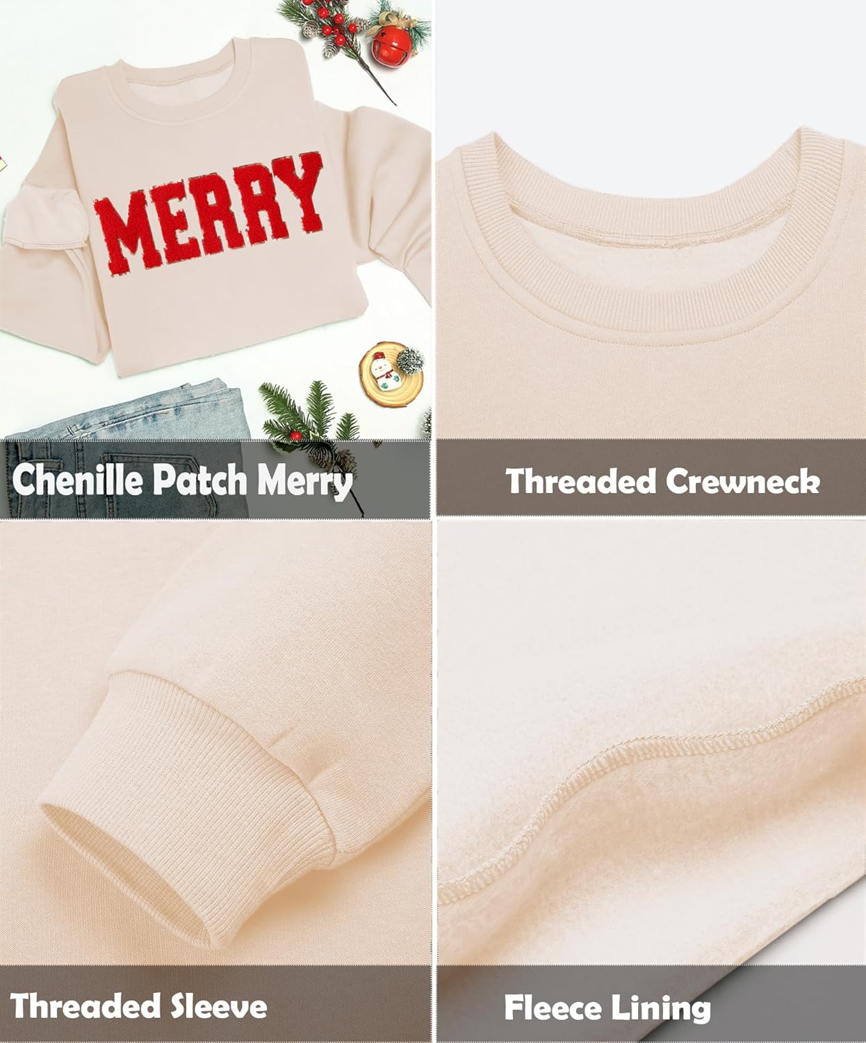 LETSEE Merry Sweatshirts for Women Christmas Chenille Patch Sequin Crewneck Sweaters Fleece Xmas Holiday Top - Image 5