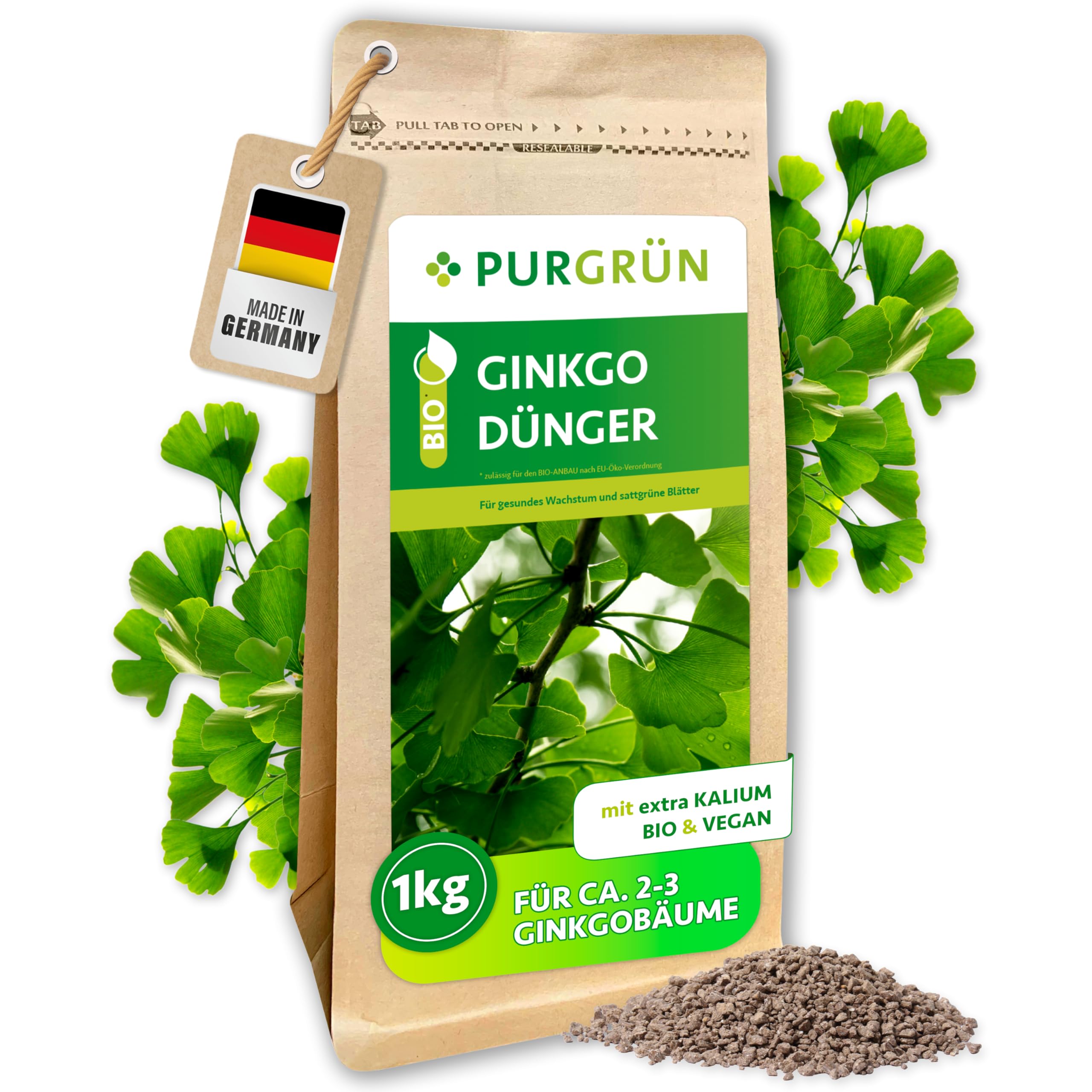 Bio-Ginkgo-Dünger 1 kg – Erhöht die Widerstandskraft mit extra Kalium – Extra Magnesium für leuchtend grüne Blätter – Verbessert die Bodenqualität – Veganer Baumdünger für 2-3 Ginkgobäume