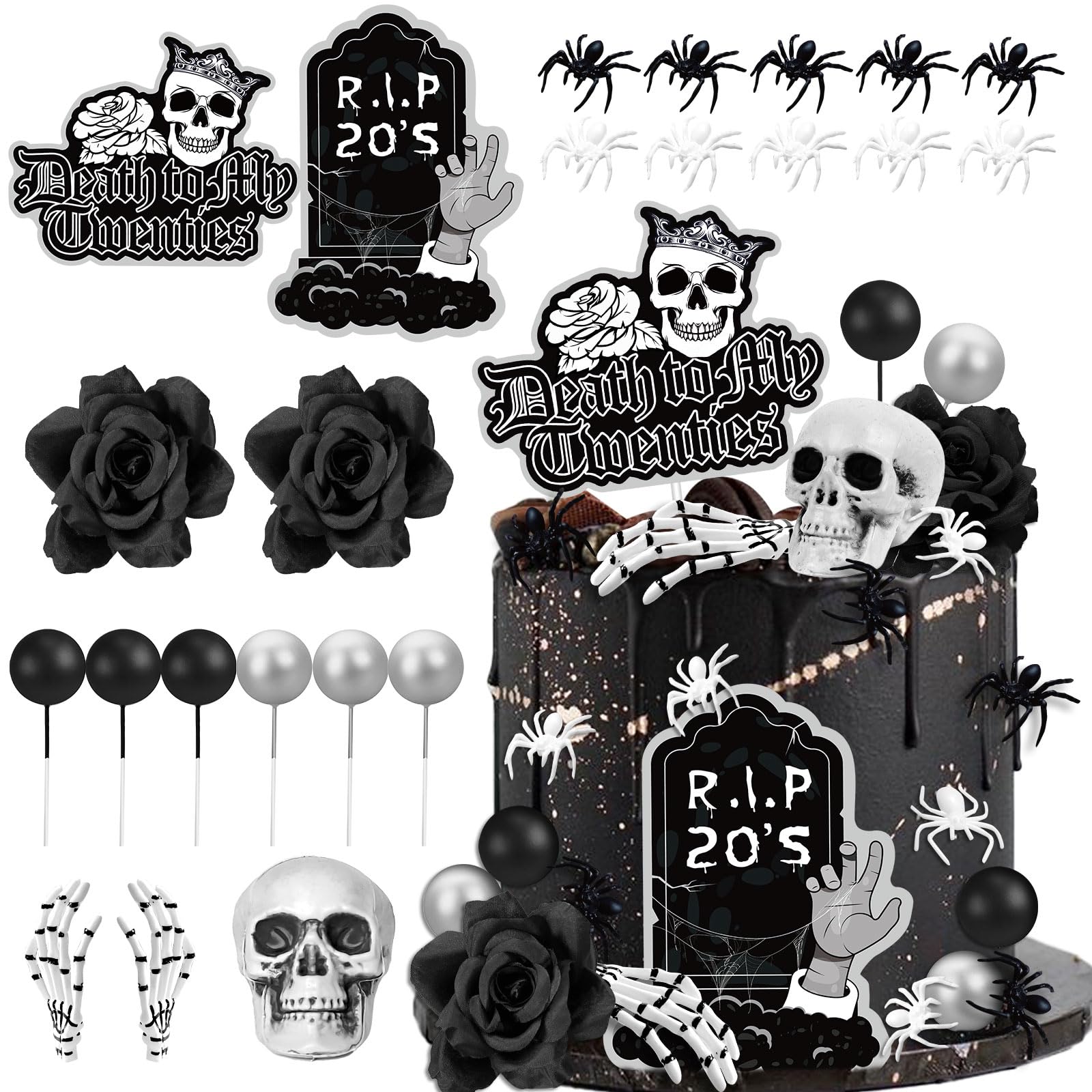 Death to My 20s 30th Birthday Decorations - Rip to My 20s Funeral Black Cake Topper & Decorations for Her & Him - Dirty 30 Cake Topper