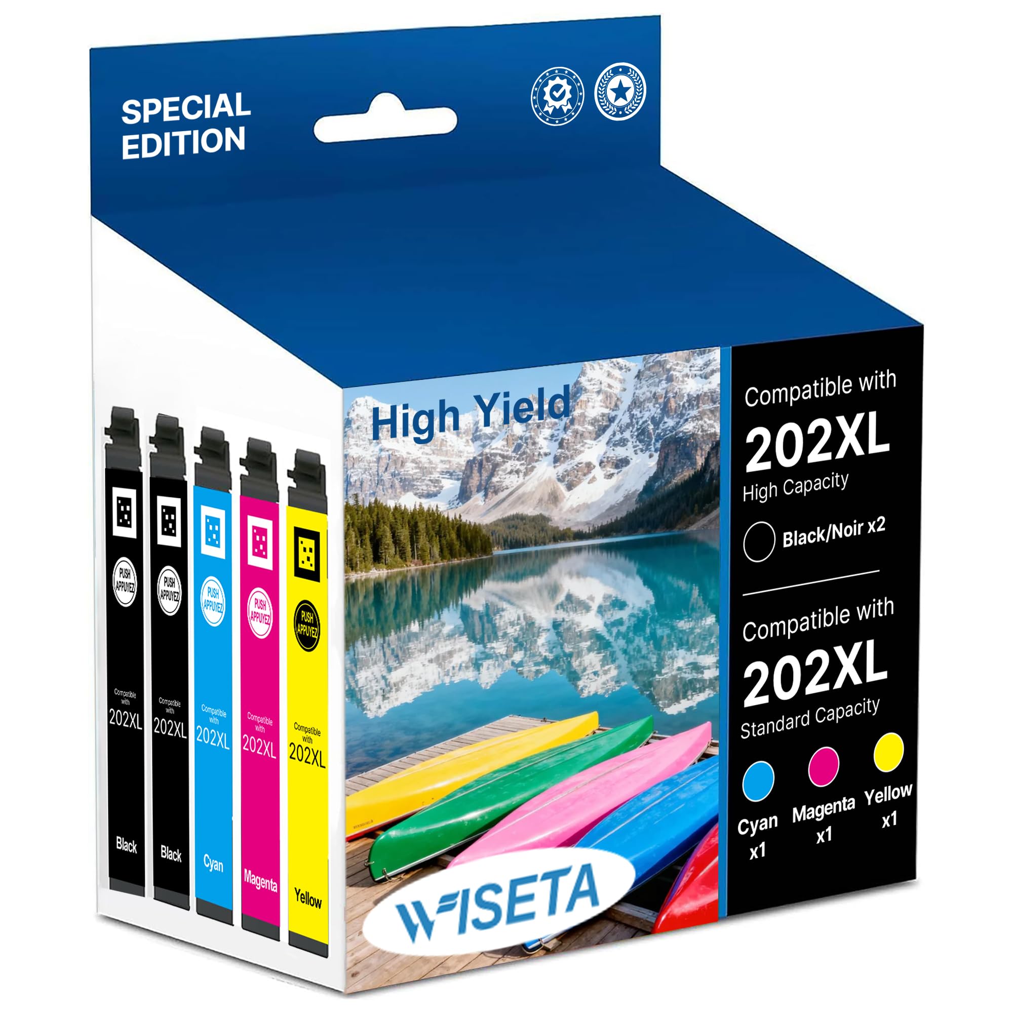 wiseta 202xl ink cartridges remanufactured replacement for epson 202 xl 202xl t202xl high yield to use with workforce wf-2860 expression xp-5100 printer (2black, cyan, magenta, yellow 5 pack)