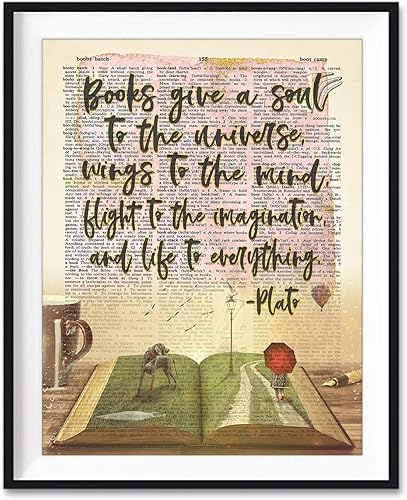 Plato Quote, Books Give a Soul to the Universe Art Print, Unframed, Vintage Literary Highlighted Dictionary Page Wall Art Decor Poster Sign, All