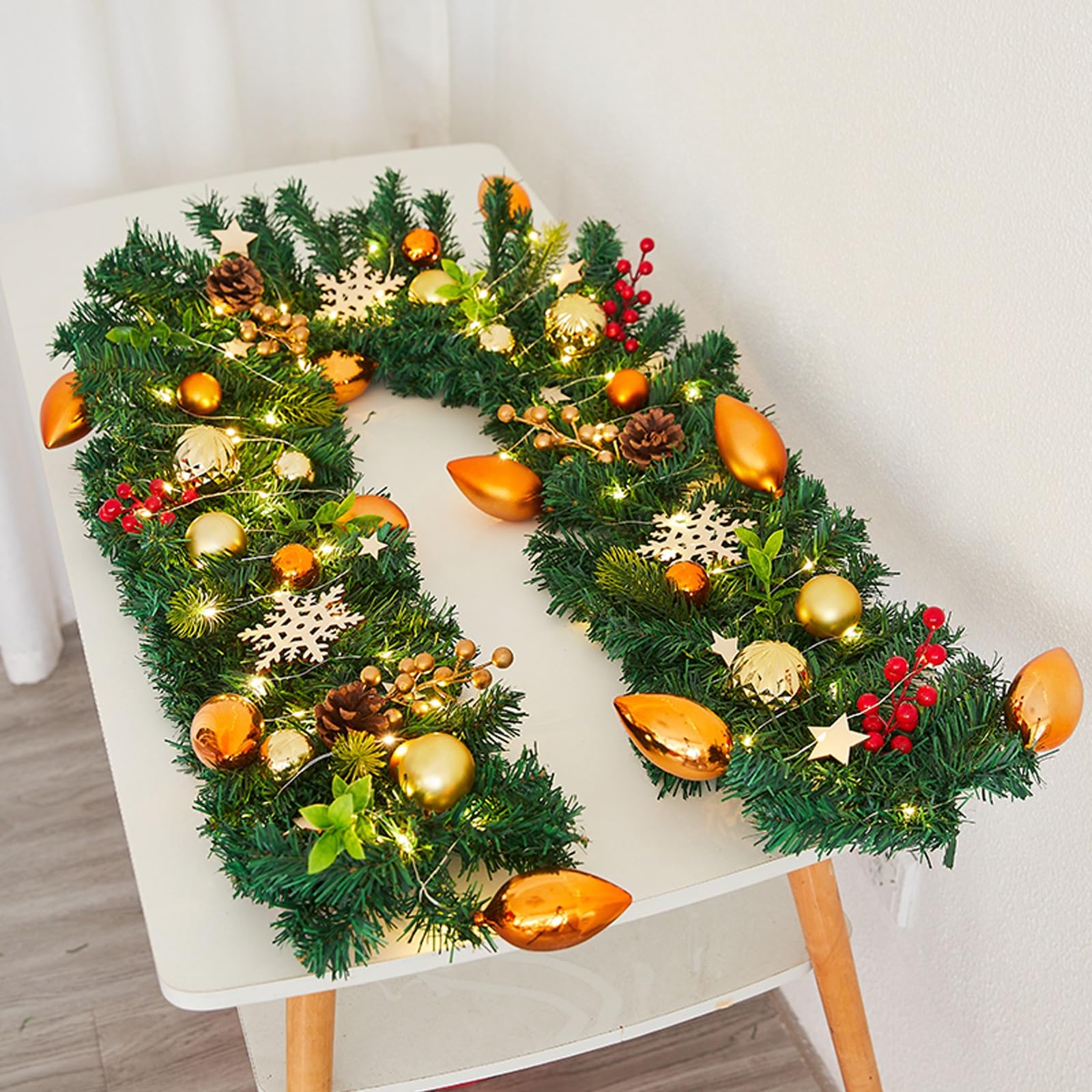 OPFdfhDFH Christmas wreaths, 6 Feet Christmas Garland with Lights, for Stairs Railing, Vine, for Mantle, Decorations for Indoor Outdoor Home(B)