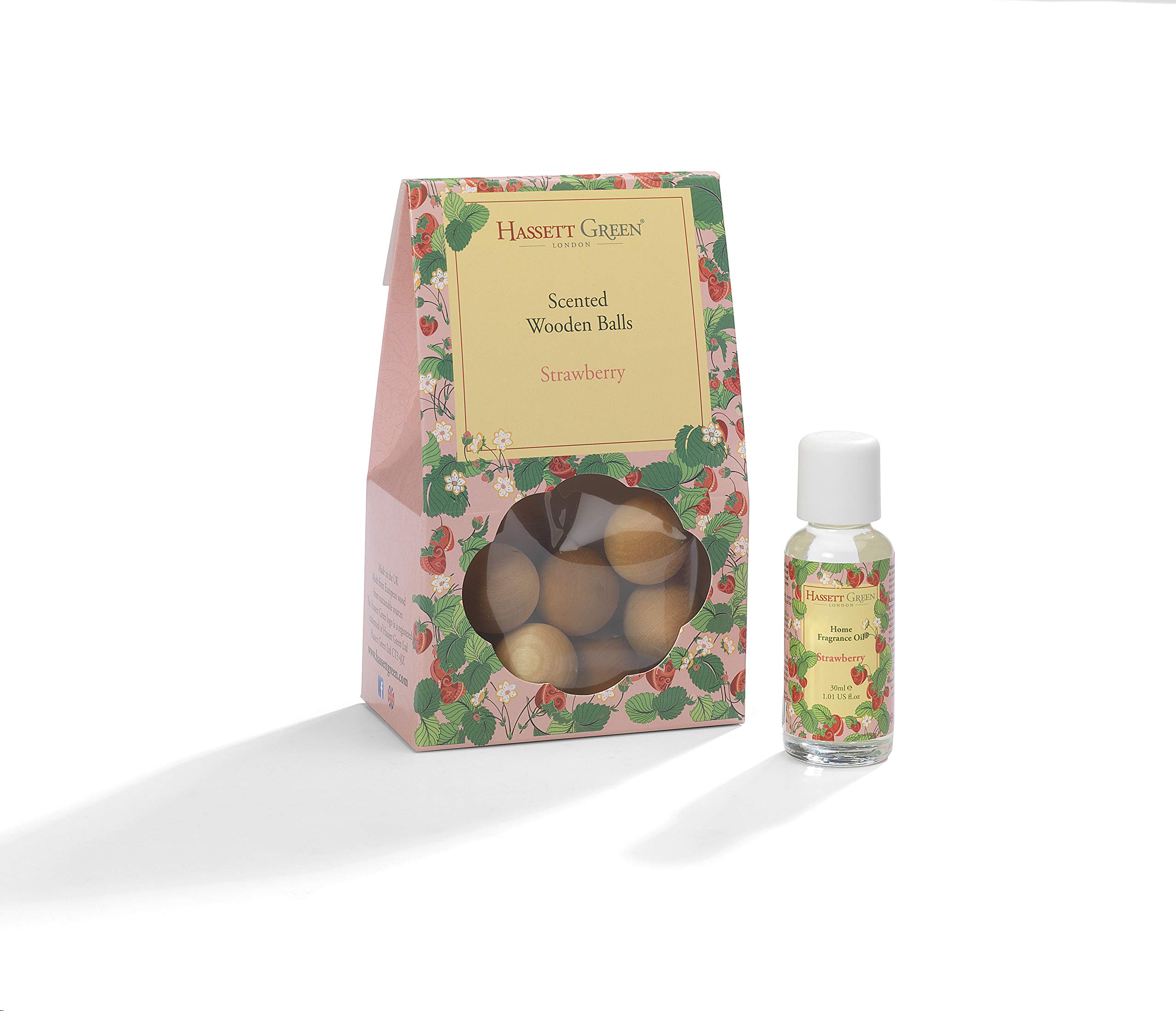 Hassett Green London Brown - Strawberry - Scented Wooden Balls Pack Of 12 Plus 30Ml Bottle Of Home Fragrance Oil For Refreshing - Alternative To Pot Pourri, Diffusers, Sachets And Drawer Liners