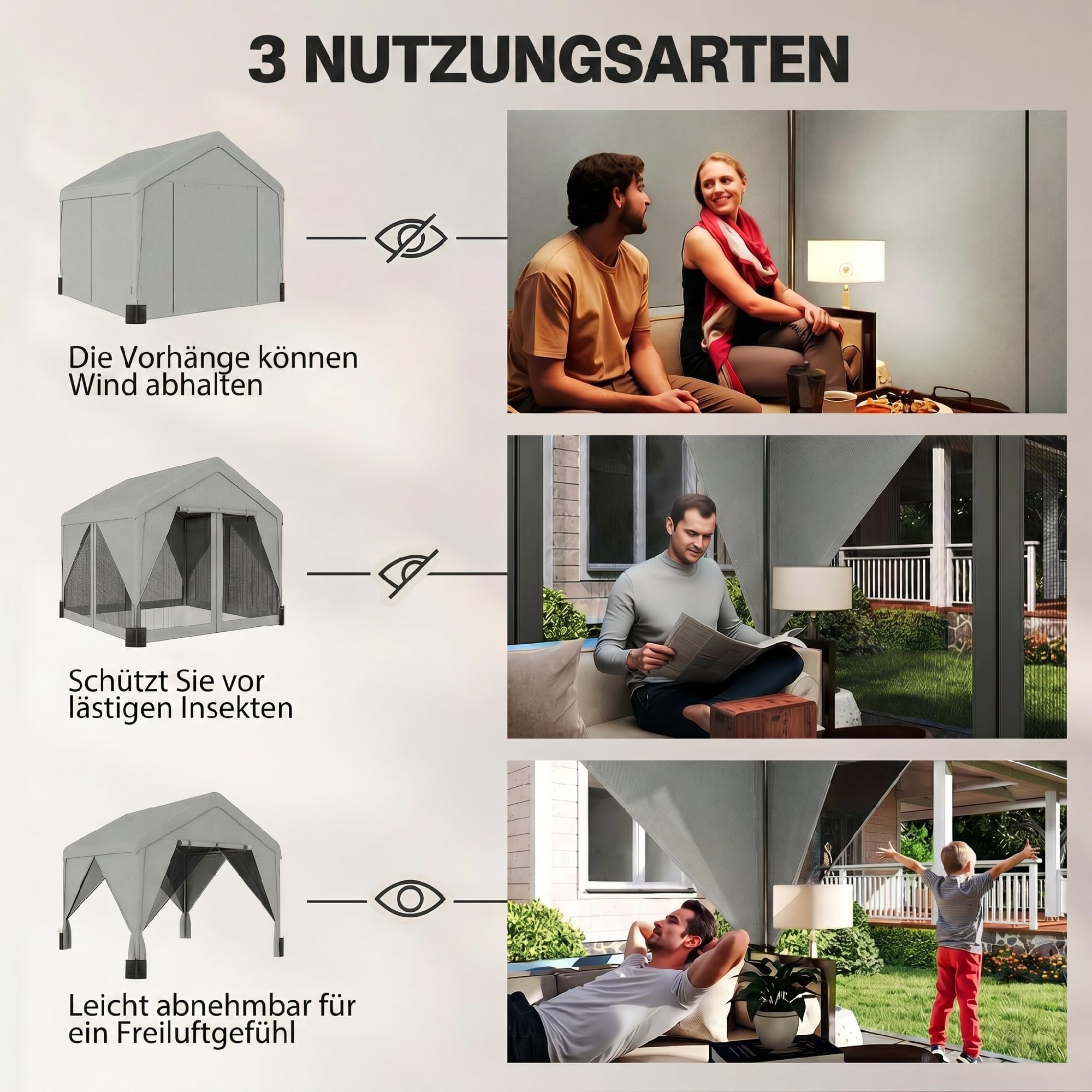 Outsunny Tonnelle de jardin extérieur 3x3m pavillon de jardin hydrofuge - structure robuste en acier galvanisé avec toit double pente - barnum avec rideaux et moustiquaire pour fête et terrasse, gris