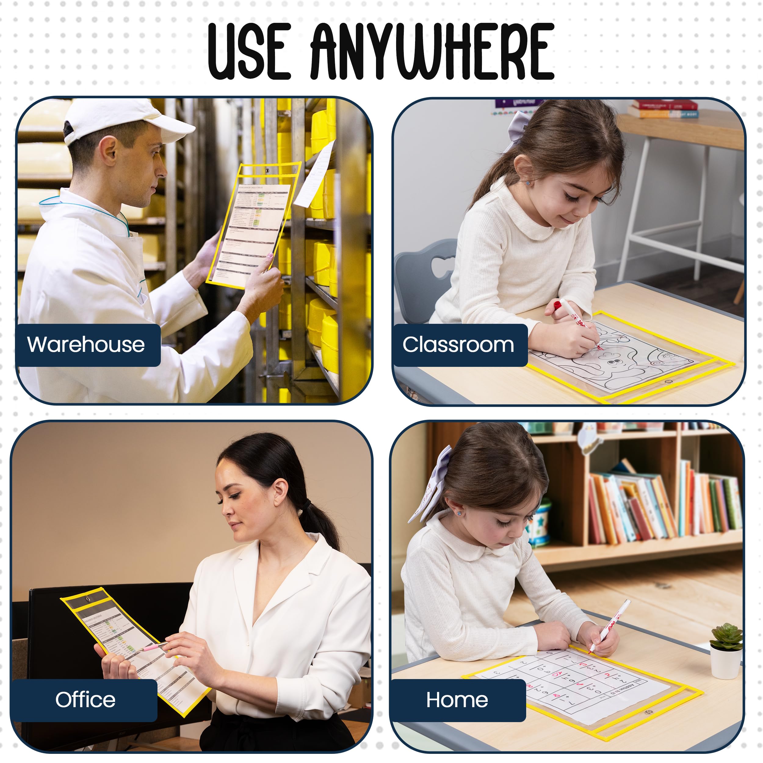 Essex Wares - Paquete de 6 bolsillos de borrado en seco, amarillo, para lecciones de profesores en un aula o para uso en tu hogar u oficina, se adapta a papel estándar, 10 x 13.5 pulgadas