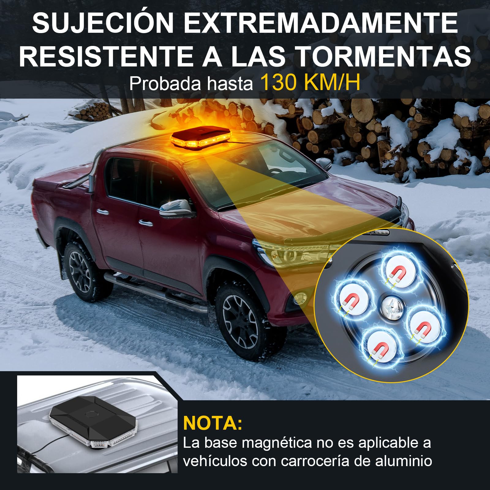 Luz LED Estroboscópica, 12V-24V, Base Magnética, Amarillo | Cable de 4,8m con Mechero, para Tractor, Camión, Grúa y Furgoneta, 20 Modos con Memoria, Impermeable IP65