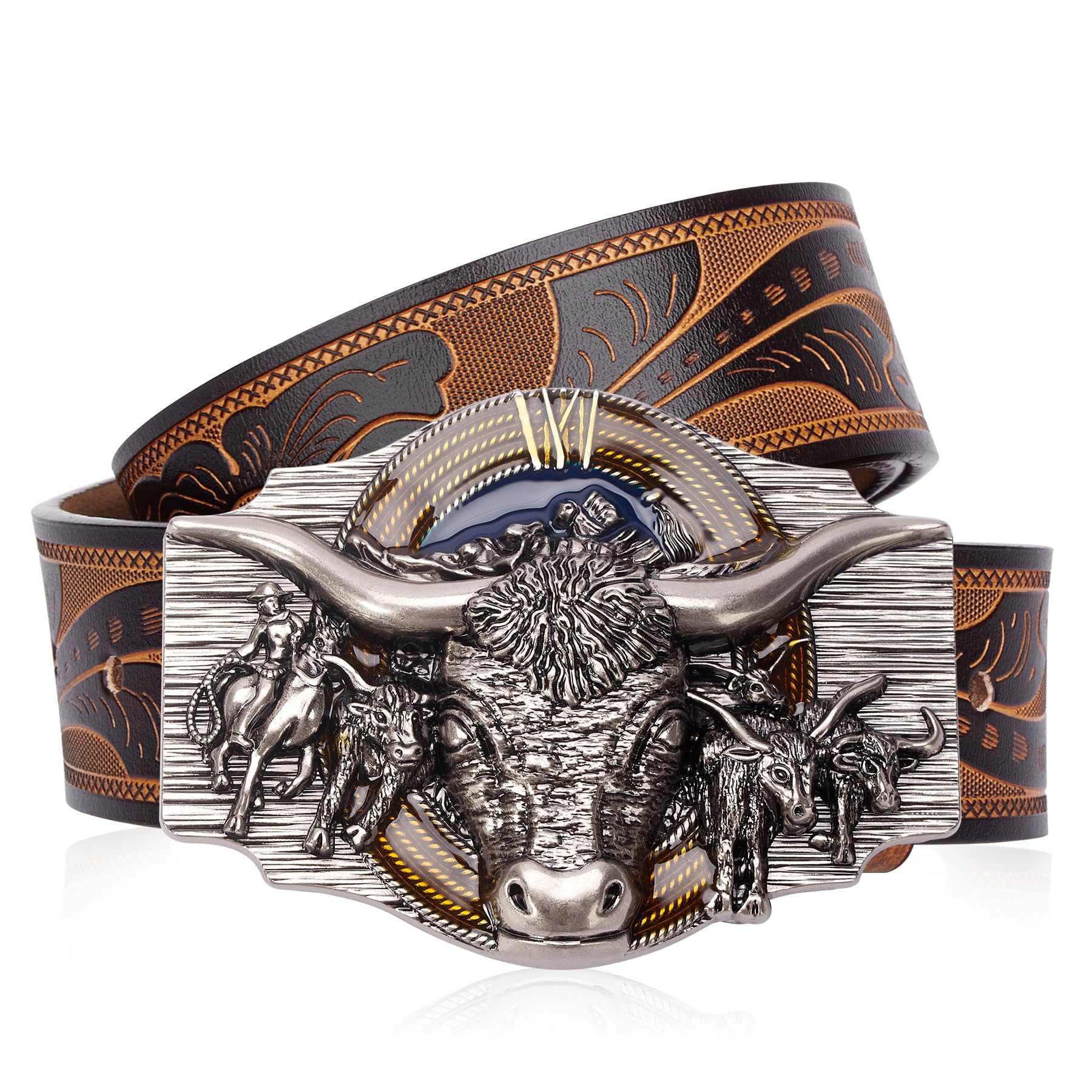 Western Leather Belt Bull Buckle Adjustable Country Cowboy Cowgirl Style Western Cowboy-Belts for Men Women Big-Buckle Longhorn-Bull  main image 2