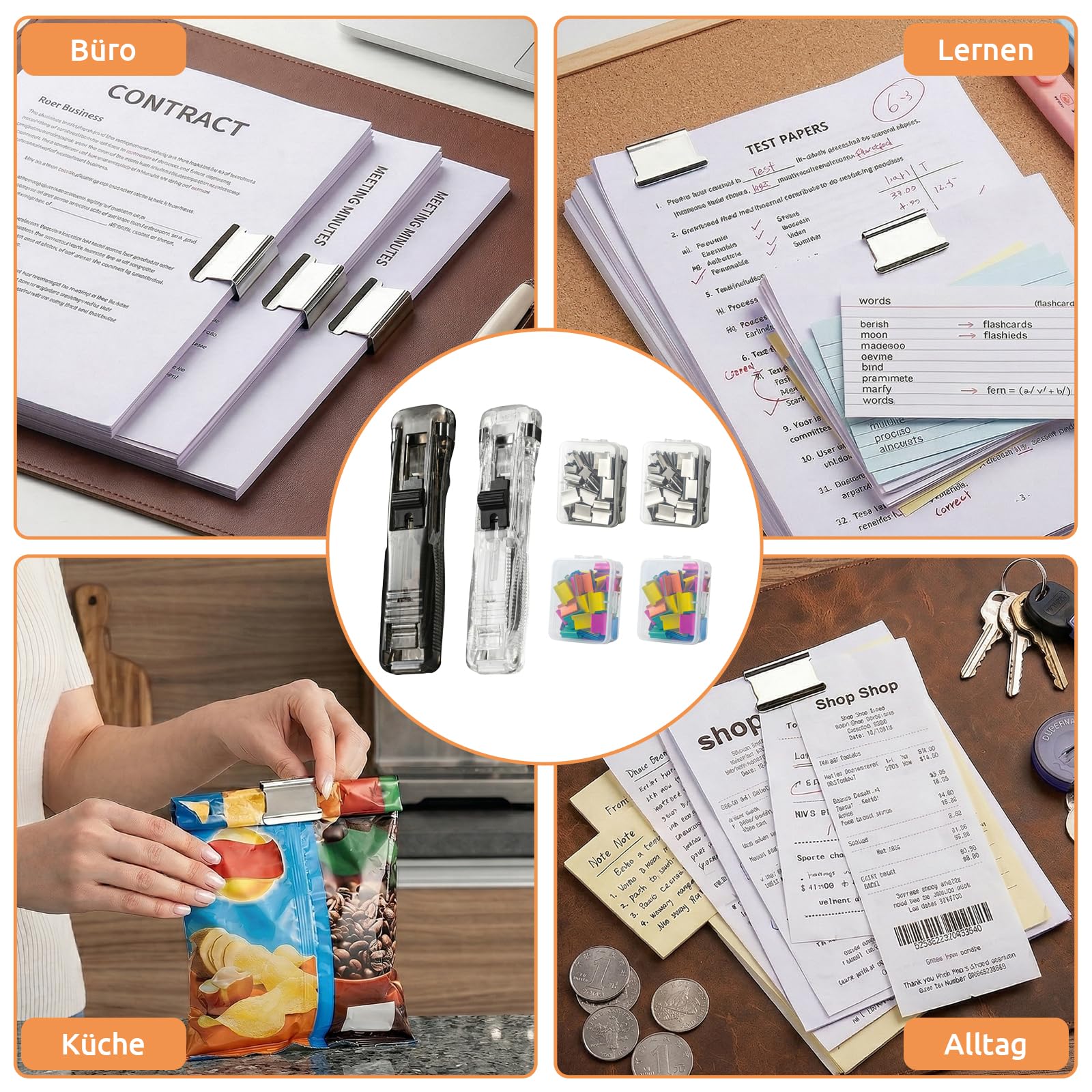 2026 Neue 2 Stück Reusable Creative Stapler,Hefter,Klammerloses Heftgerät,mit 200 Stück Wiederverwendbare Heftklammern, Portable Binder Clip Stapler, Nachfüllbarem Hefter und Klammerspender-Set