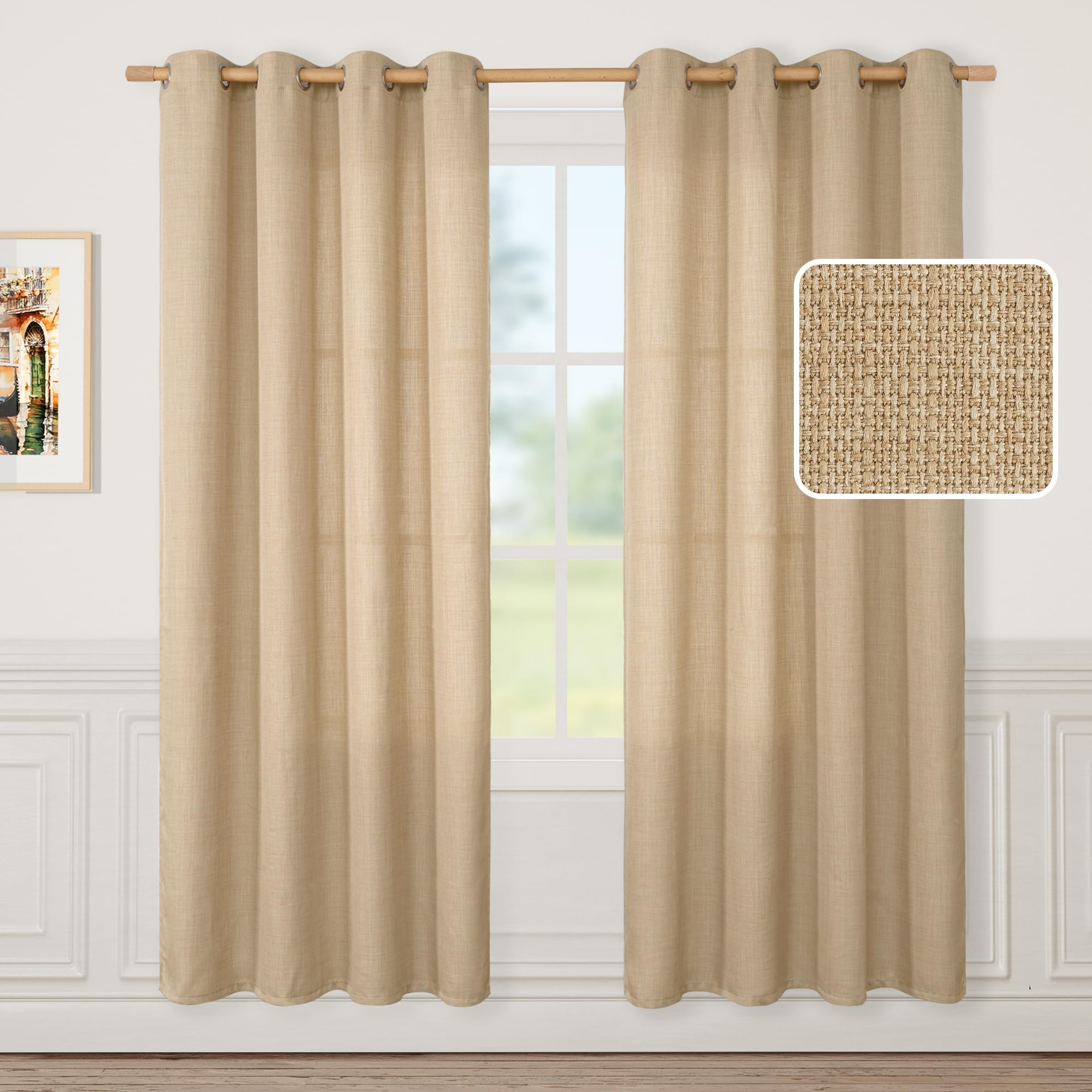 LAMIT Natural Tan Linen Curtains 80 Inch Long for Living Room 2 Panels