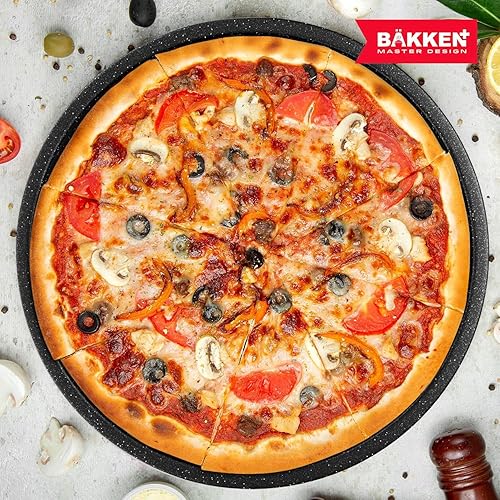 Vista 21 de BAKKENMASTER Bakken Swiss Pizza - Juego de 3 bandejas para pizza, revestimiento de cerámica gris, antiadherentes, redondas de acero, aptas