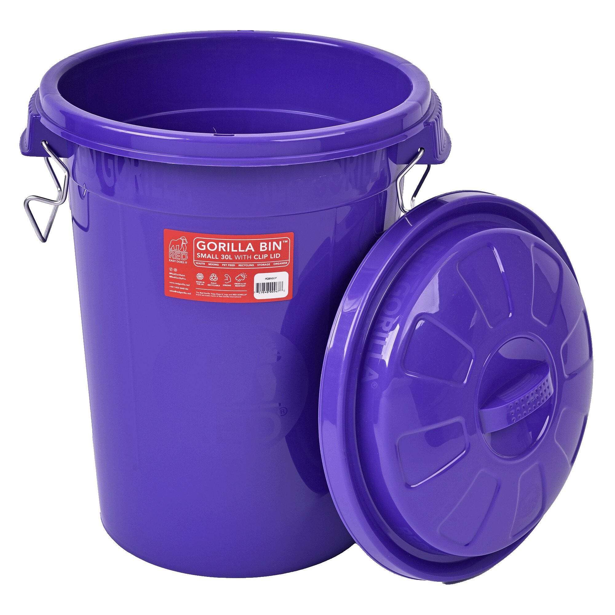 Red Gorilla Bin 30 Litre with Clip Lid Purple Stackable Storage Plastic Lightweight Weather Resistant Frost Proof for Indoor Outdoor Waterproof Waste Bin for Garden Garage Kitchen Home Recycling