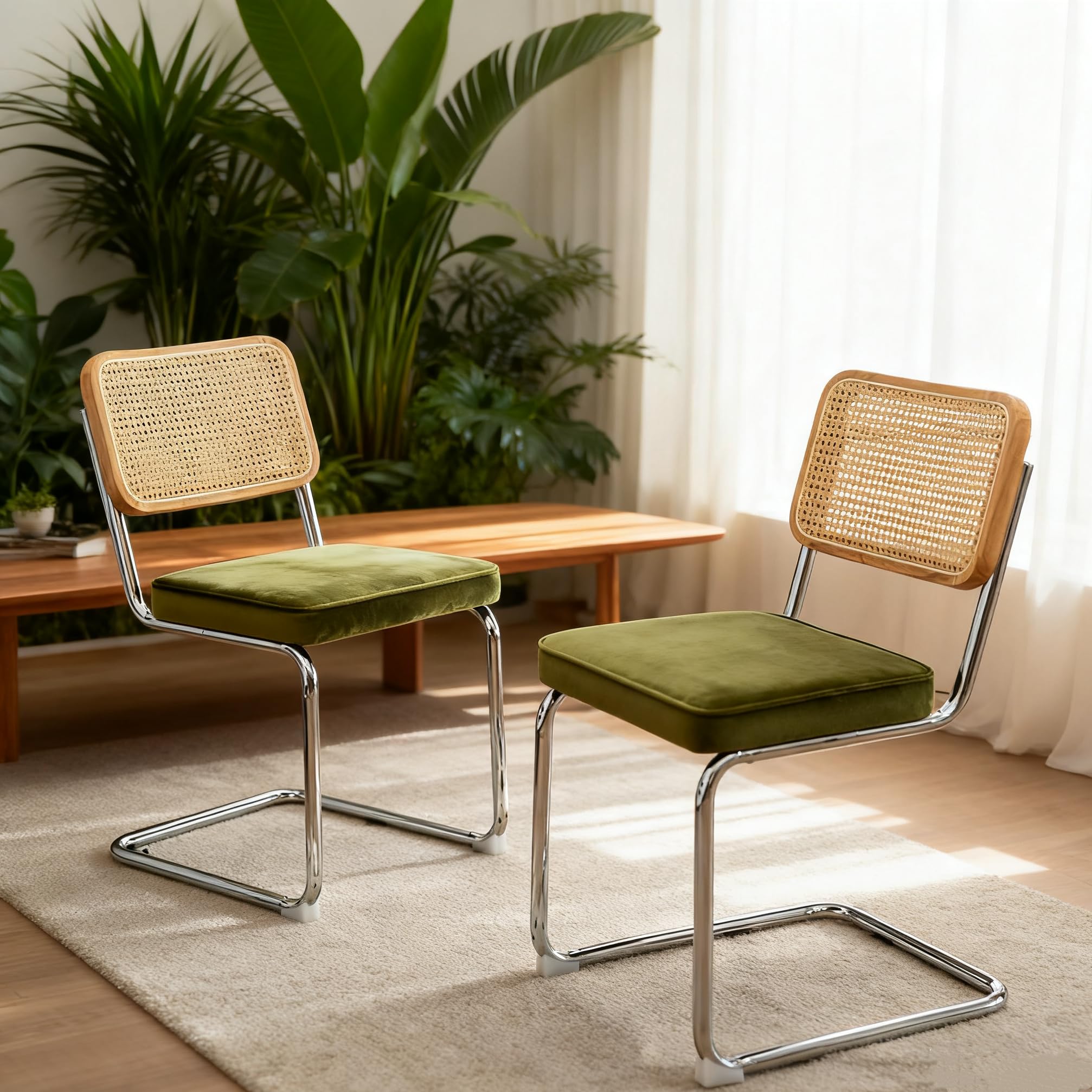 Sillas de Comedor de Terciopelo y Ratán, Salón y Cocina, Verde, Pack de 4