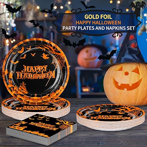 Miniatura 3 de DYLIVeS Platos y servilletas de Halloween, suministros para fiesta, platos y servilletas de calabaza de Halloween, cementerio, murciélagos y