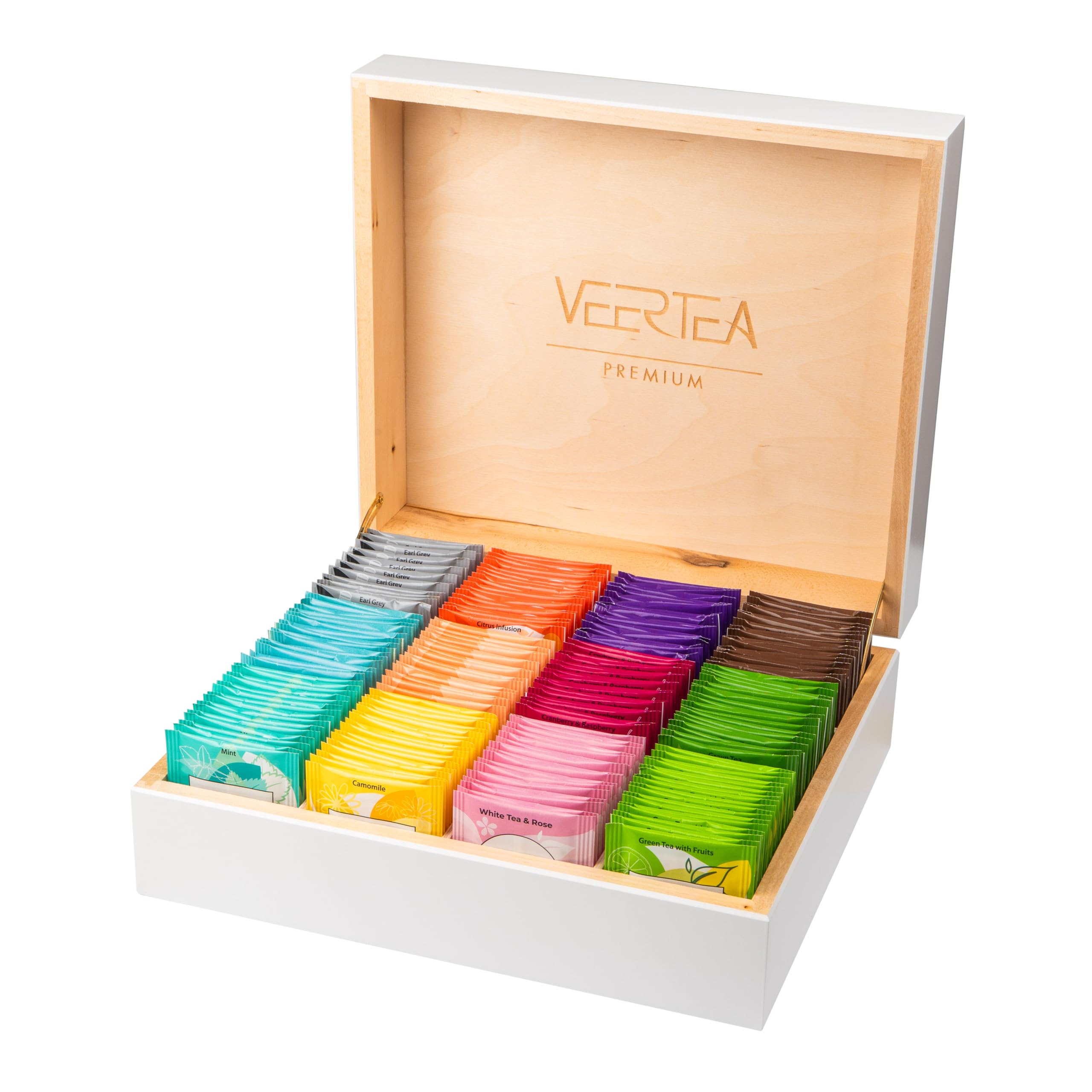 Veertea Tee - Teebox - Tee Geschenkset - Tea Set - Sorgfältig Ausgewählte Sorten - Teebox Holz - Teemischung - 12 Geschmacksorten, 180 Beutel - Box 30x26x11cm - Weiß