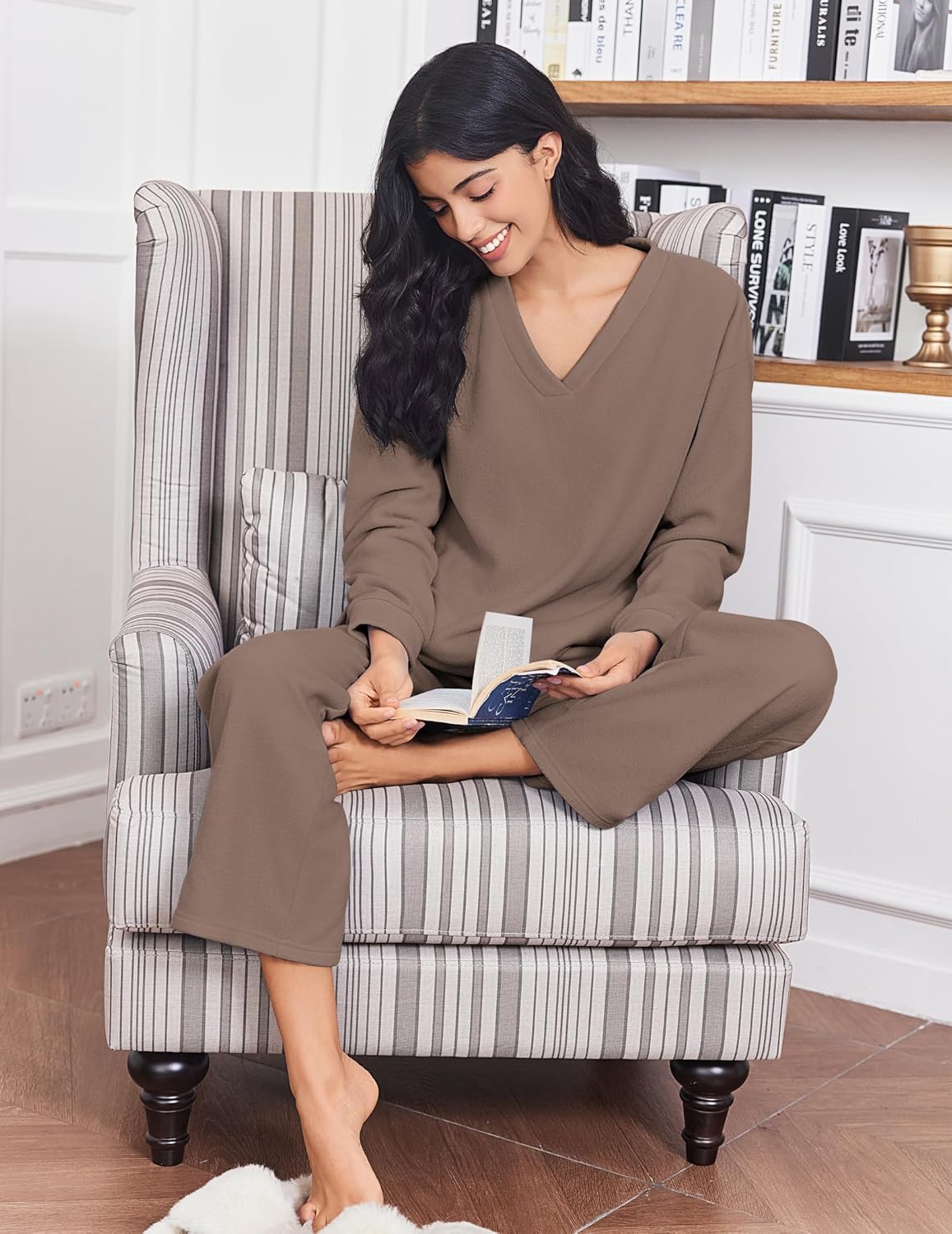 Ekouaer Pajama for Womens Set Ploar Fleece Long Sleeve Lounge Sets Fall Pjs V Neck Comfy Sleepwear with Pockets Brown XX-Large - Image 3