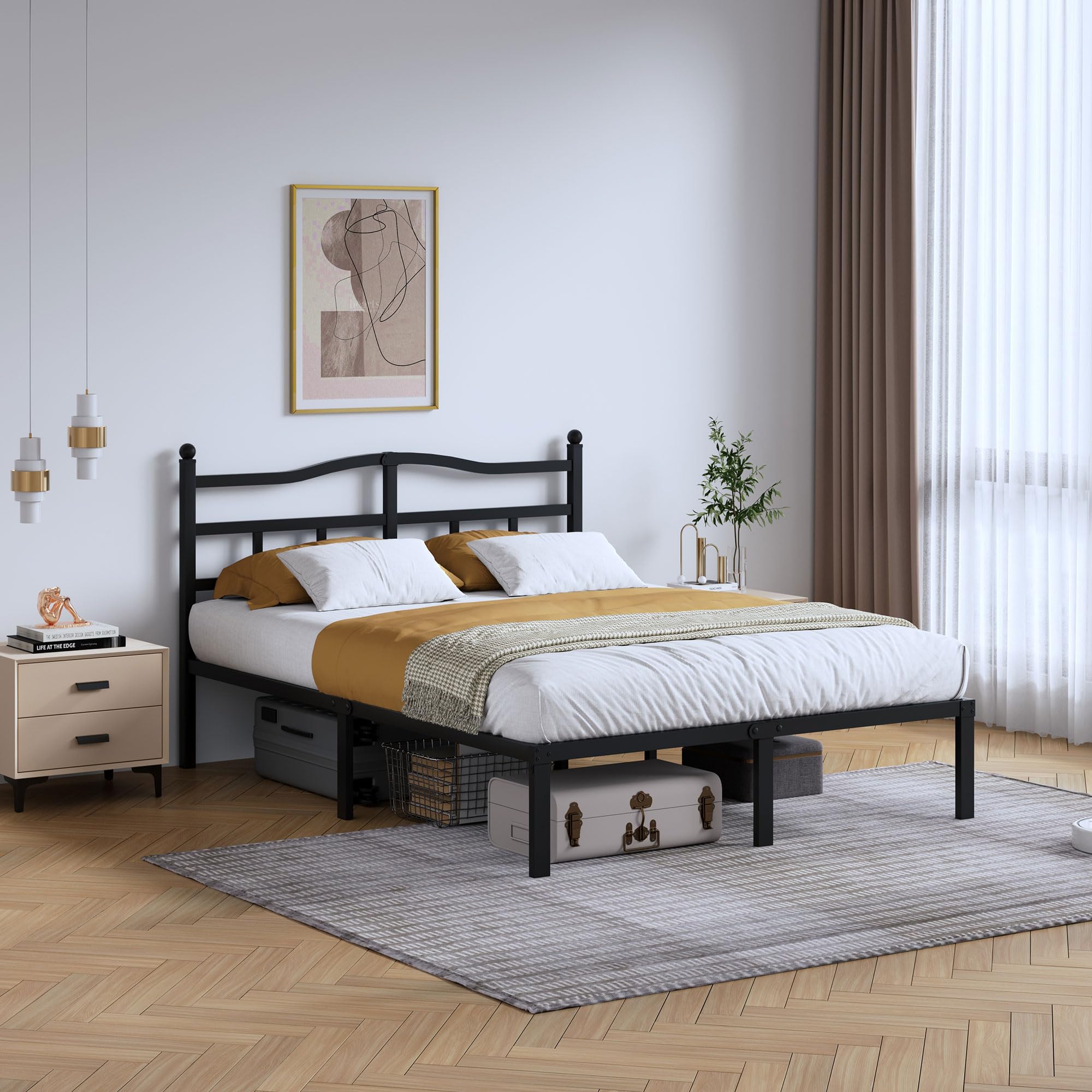 14 Inch Metal Bed Frame - Full Size Heavy Duty Bedframe with Headboard Black Basic Steel Slats Platform No Box Spring Needed/Easy Assembly/Noise Free