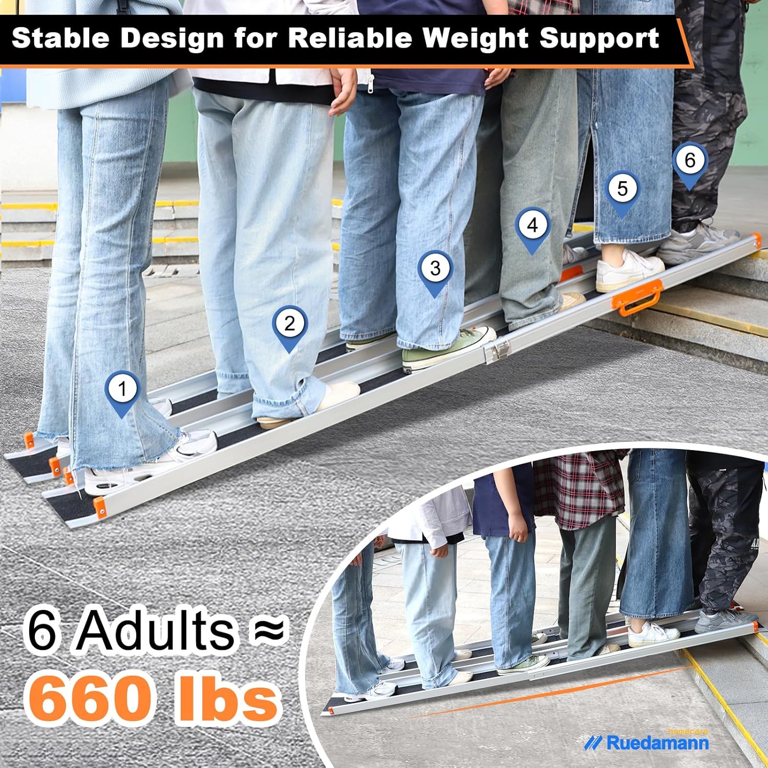 Ruedamann 5FT x 8.3" Adjustable Wheelchair Ramp with Handle, Telescoping Portable Wheelchair Ramp for Home Steps, 600lbs Capacity, Non-Skid Surface Wheel Chair Scooter Ramp for Doorway, Stairs 2Pcs