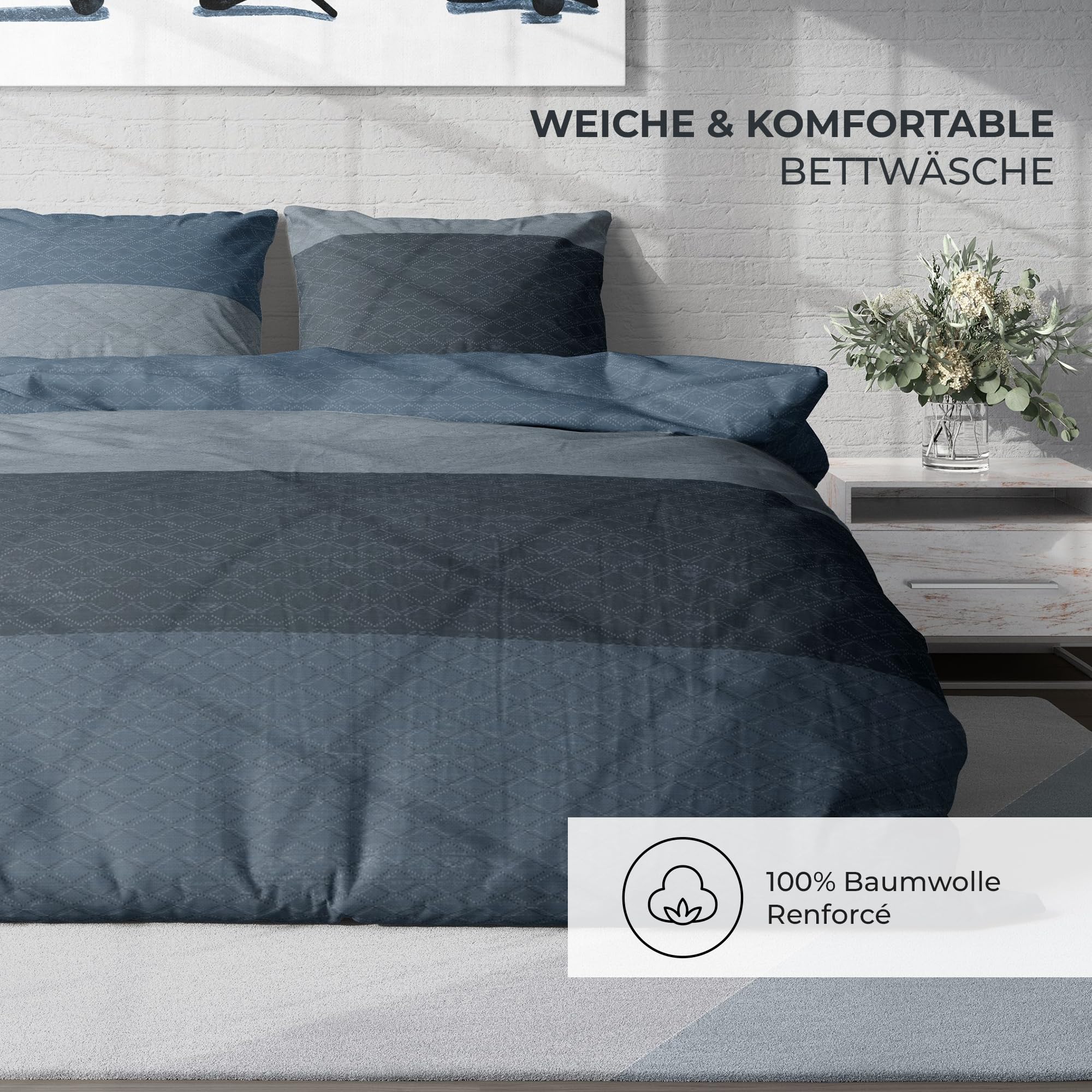 Premium Bettwäsche 200x200 – 100% Baumwolle, ÖKO-TEX Zertifiziert, Renforcé, Atmungsaktiv & Antiallergisch, mit Reißverschluss, 3teilig – Bettbezug + 2X Kissenbezug 80x80, Grau, Blau, Hellblau