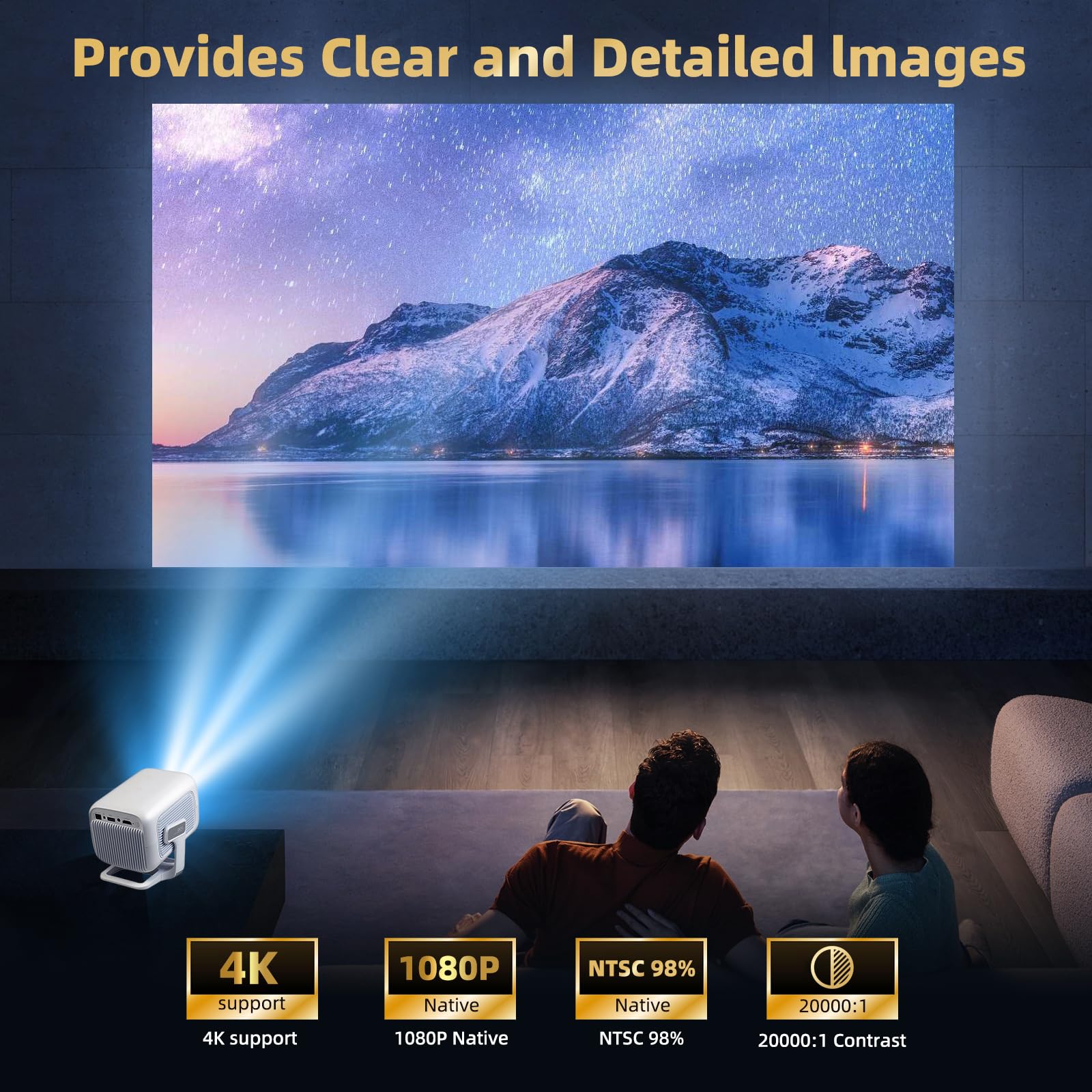 Beamer 4K [Kompatibel mit Netflix | Dolby Audio] 700 ANSI Smart-Projektor für Heimkino, Full HD 1080P, Autofokus, vertikale Trapezkorrektur fürs Auto, Kurzdistanzprojektor (Weiß)