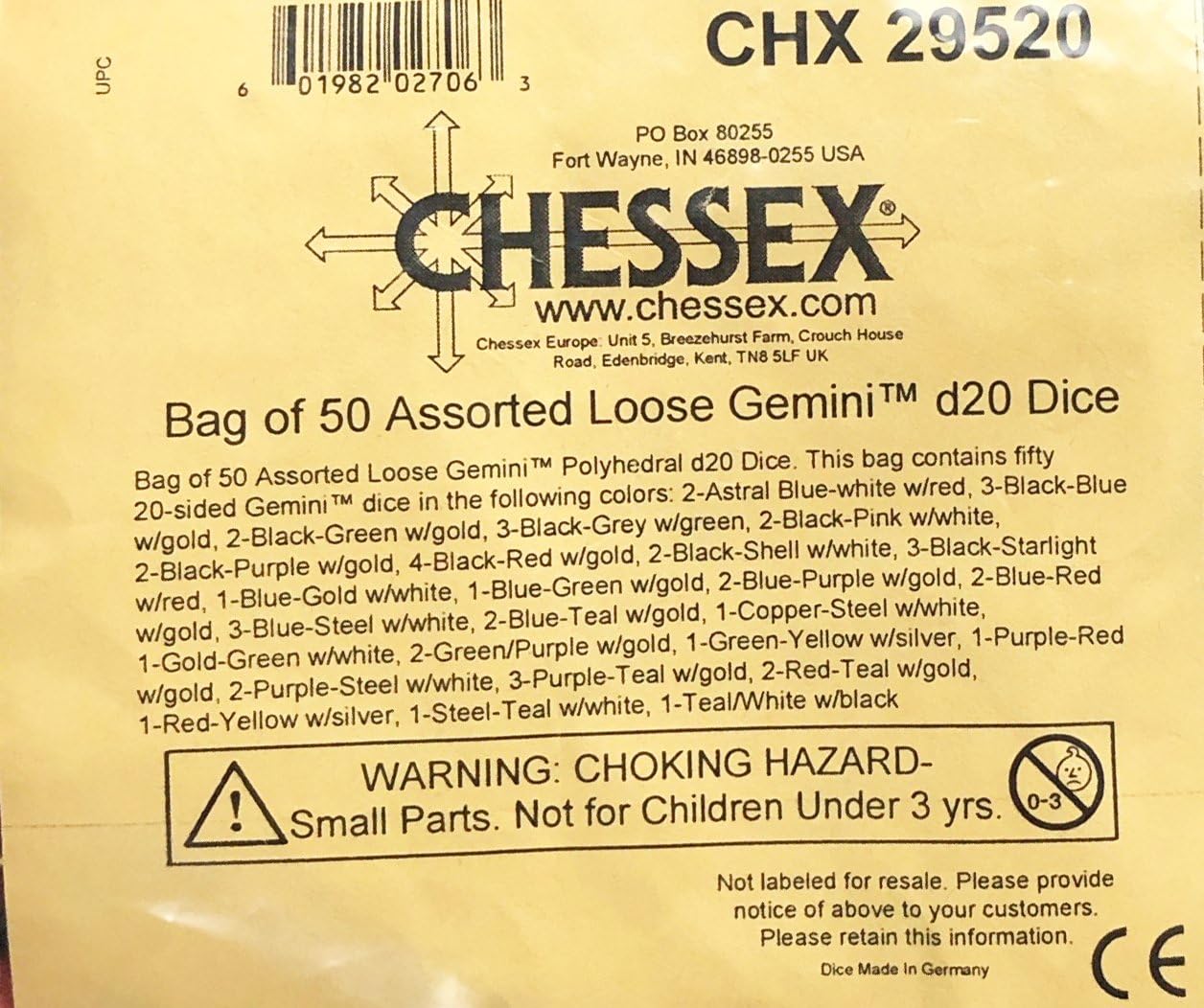 DND Dice Set – Chessex D&D Dice – 16mm Assorted Gemini Plastic Polyhedral Dice Set – Compatible with Dungeons & Dragons (D&D) and other tabletop RPGs – Includes 50 D20 dice (CHX29520)