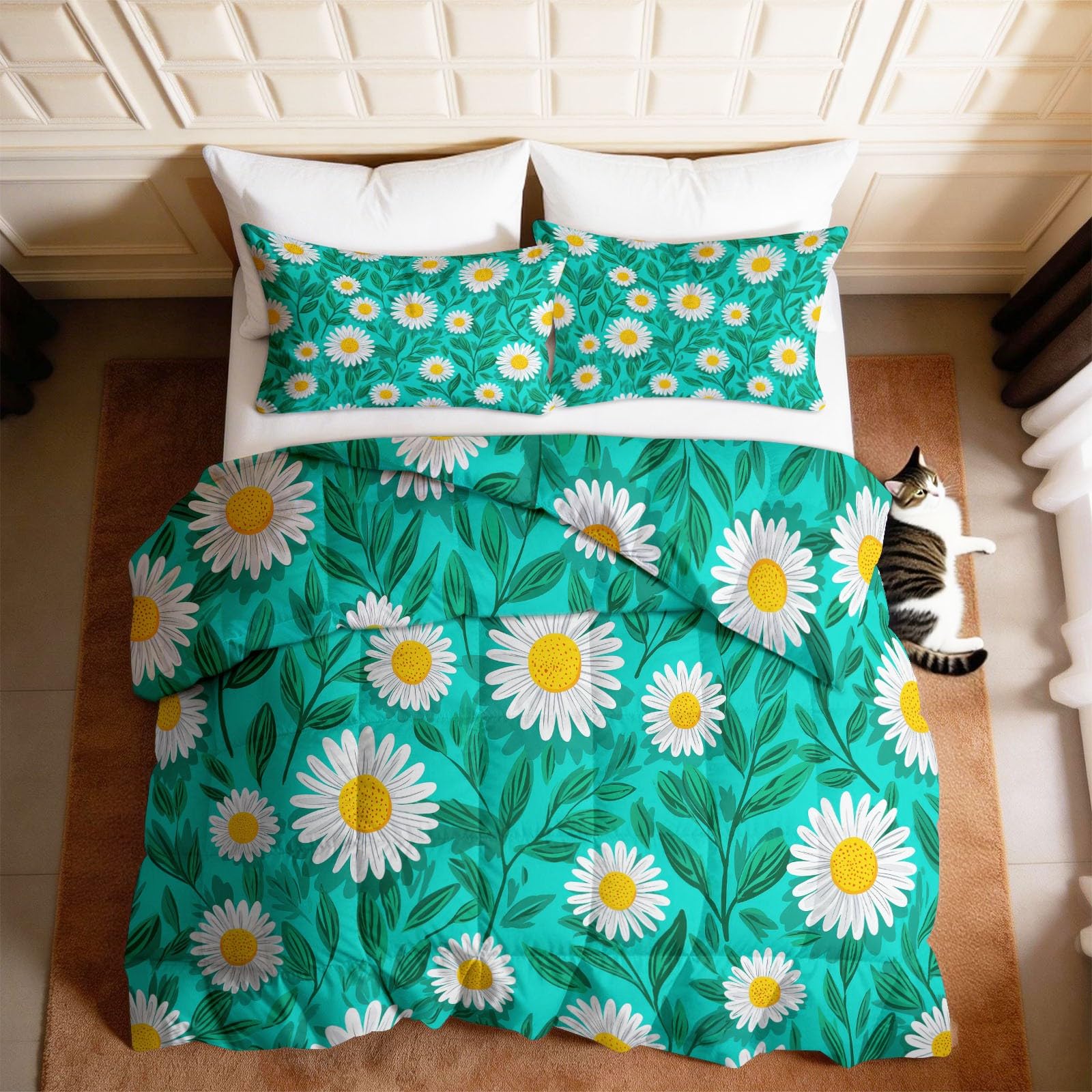Generisch Bettdecke ohne Bezug 135 x 200 cm Set mit 2 Kissenbezügen, Ganzjahresdecke Waschbare Steppdecke, 3-teilige Botanisch Gänseblümchen Blume Wendebettdecke beidseitig identisch, Dunkelgrün