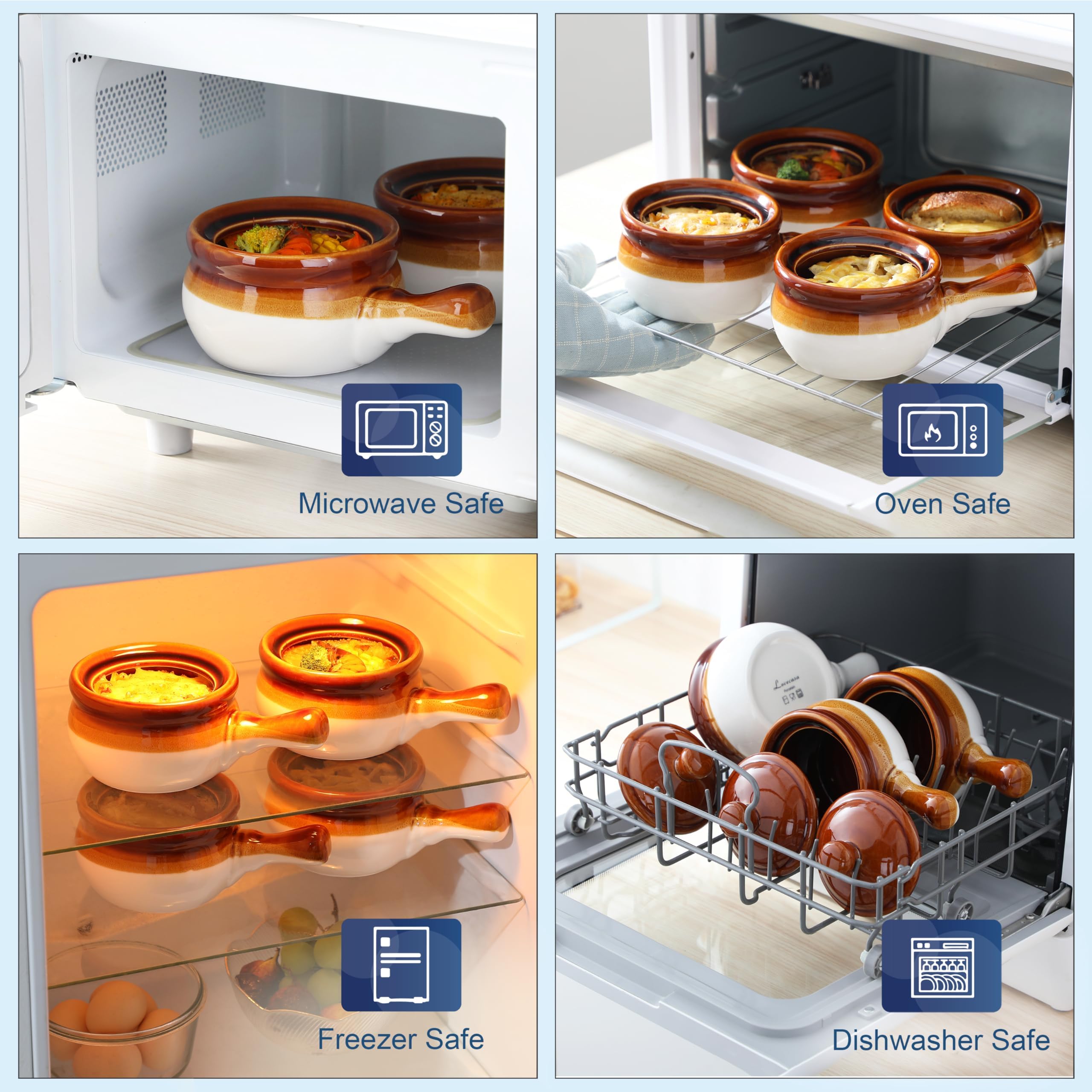 LOVECASA Französische Zwiebel, French Onion Soup Crocks, 4 Stück Steingut Zwiebelsuppe Schalen Set, 480ml Soup Bowls with Handles Soup Bowls with Lids for Soup für Zwiebelsuppe, Eintöpfe, Kasserollen