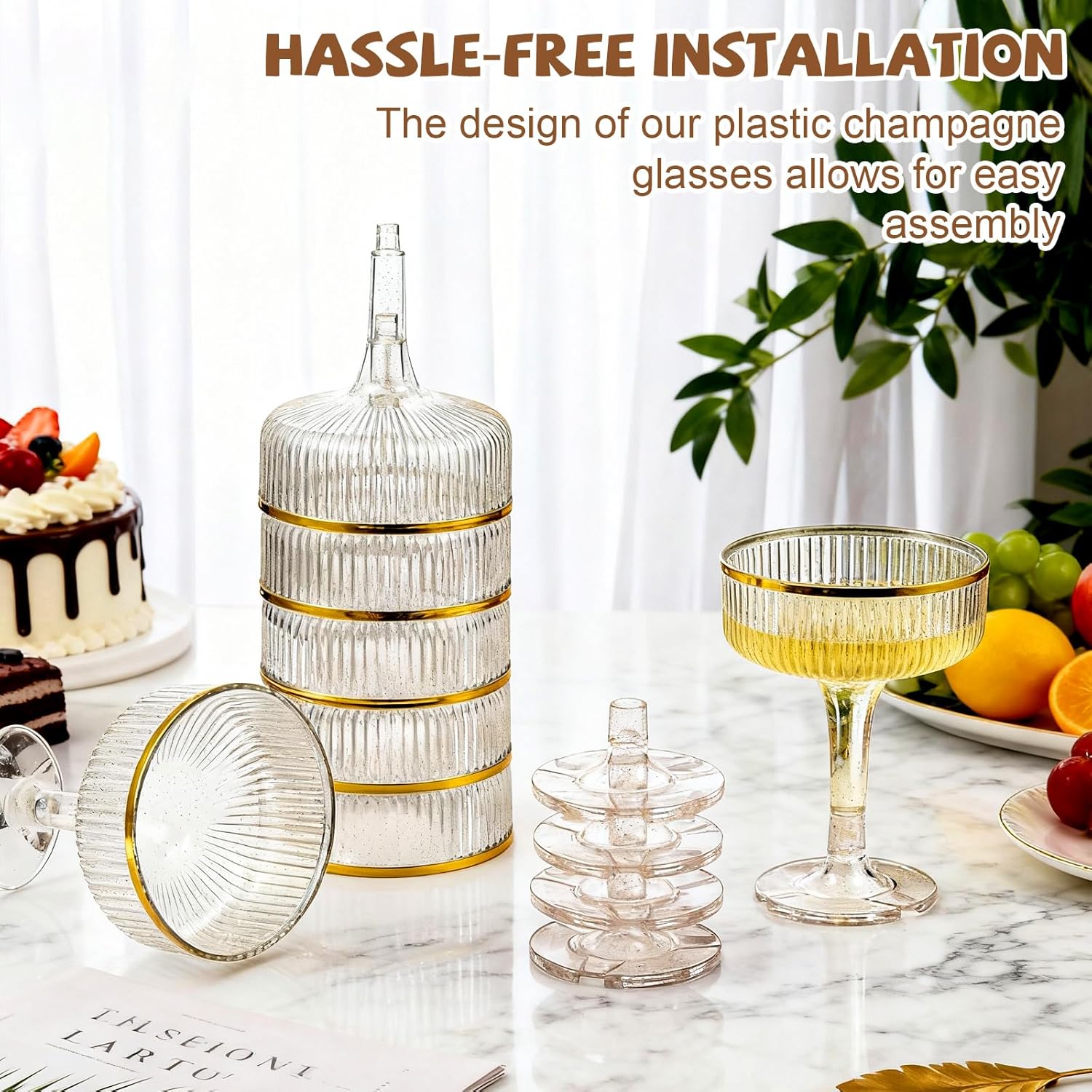 Set of 55 Champagne Tower 7 oz Plastic Champagne Coupe Glasses Set Stackable Plastic Ribbed Martini Glasses Unbreakable Acrylic Cocktail Coupe Cups for Wedding Birthday (Glitter,Gold) - Image 7