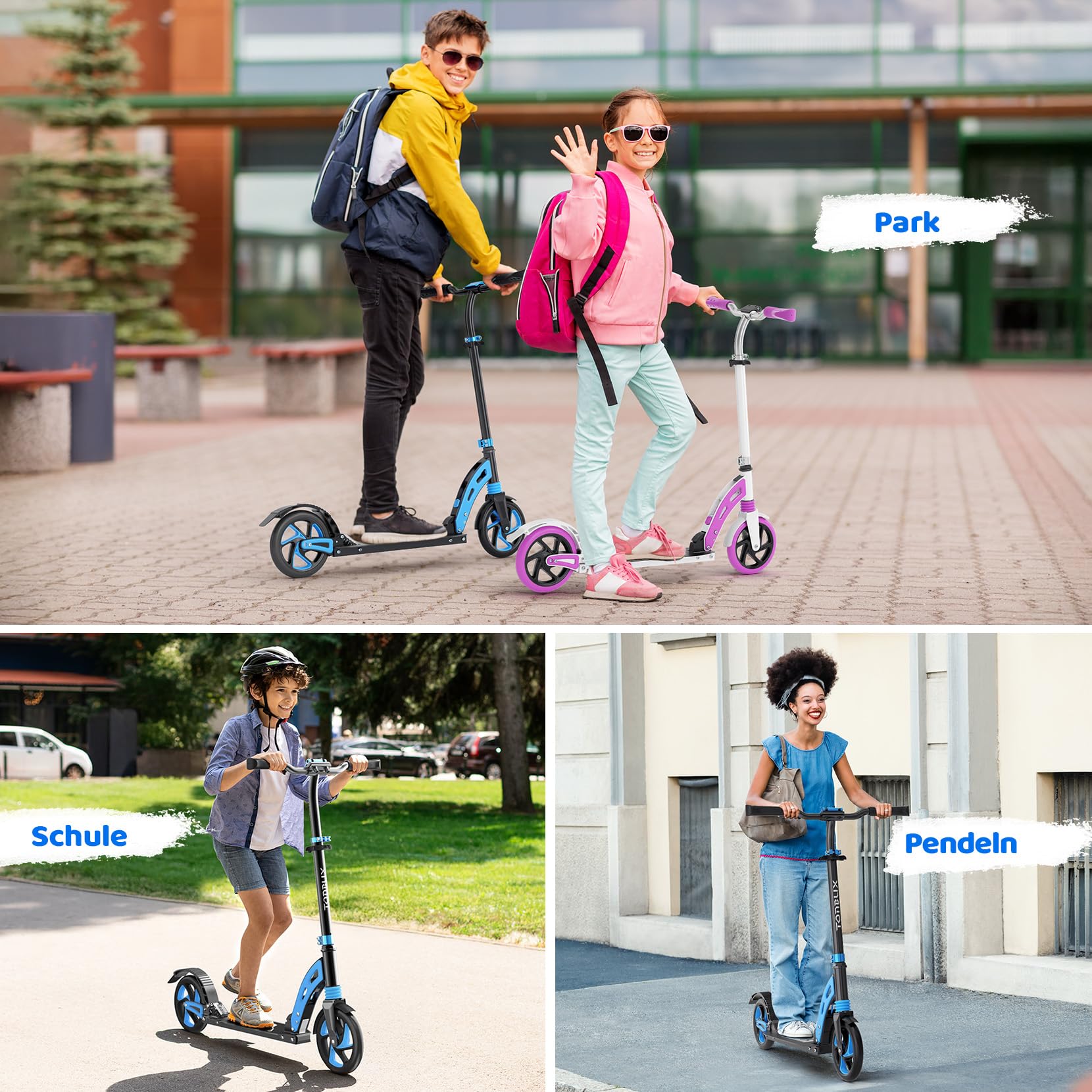 TONBUX Roller Kinder 6 7 8 9+Jahre,Aluminium Scooter Erwachsene,Cityroller Doppeltes Federungssystem, Höhenverstellbar&Klappbar Tretroller,Kickscooter bis 100kg Belastbar