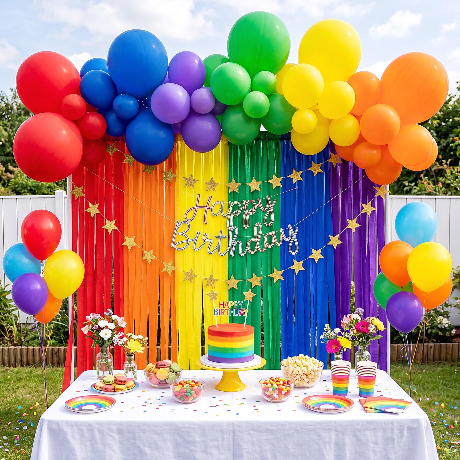 Kit di 145 palloncini arcobaleno per decorazioni fai da te, con palloncini in carta crespa e ghirlanda di stelle per compleanno, ritorno a scuola, carnevale, feste estive (arcobaleno)