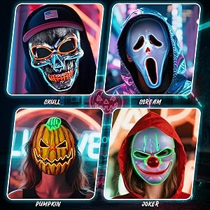 CreatiMachi LED Mask,Halloween Costumes LED Gloves Set,Scary Masks,Glow in Dark Skeleton Cool Halloween Gifts for Adult&Teens