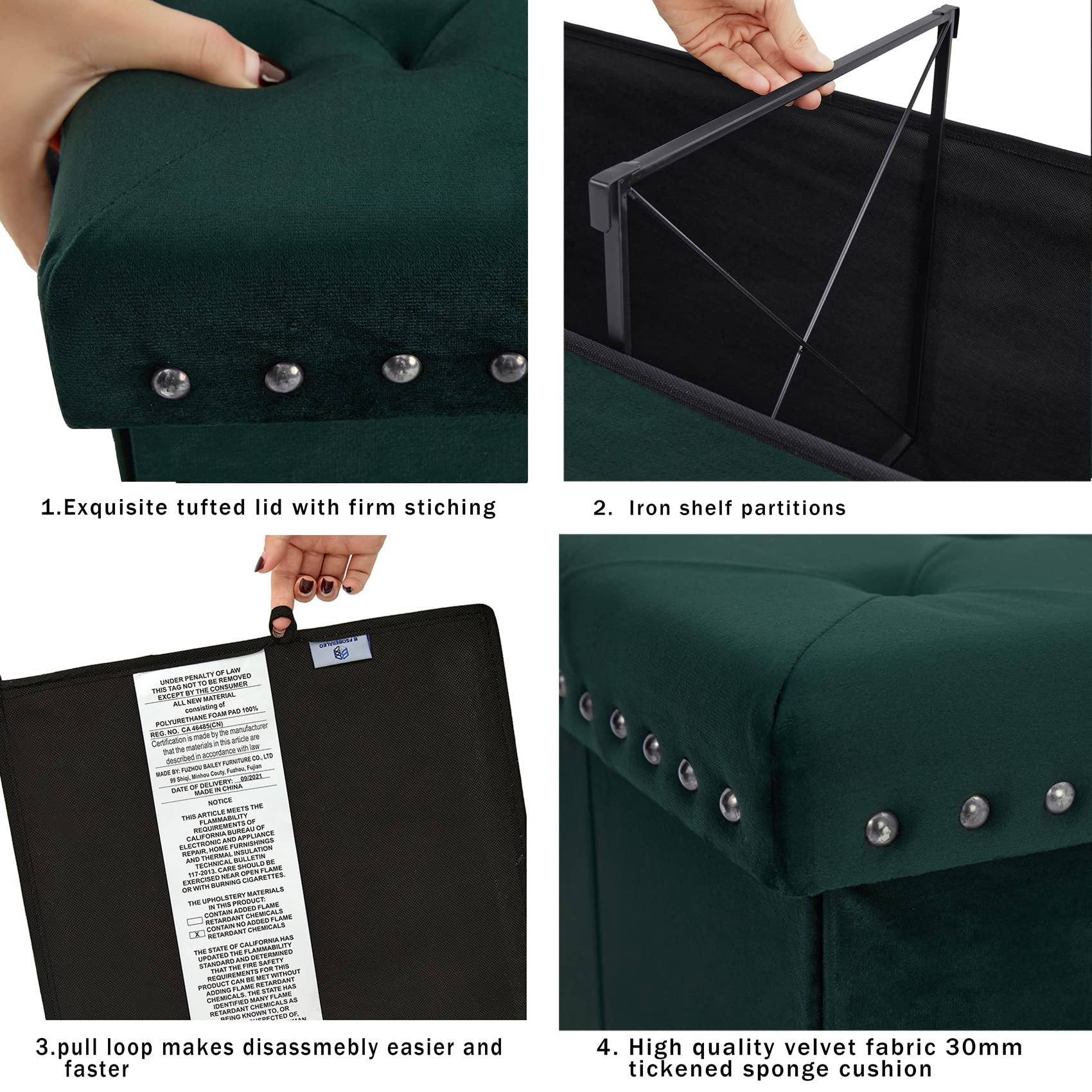 B FSOBEIIALEO Storage Ottoman Bench, Folding Tufted Ottomans with Storage, Extra Large 140L Toy Chest Storage Boxes Footrest Bench for Bedroom, Luxury Velvet Fabric 43 Inches Green