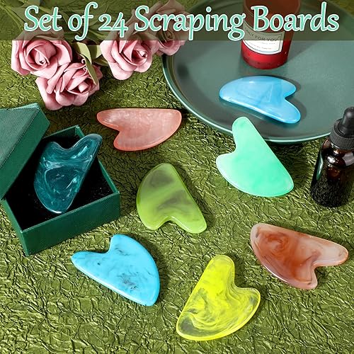 Miniatura 4 de Sherr 24 piezas Gua Sha herramienta facial de resina Gua Sha herramienta de masaje en forma de corazón Gua Sha Stone Guasha Board para cara, cuerpo,
