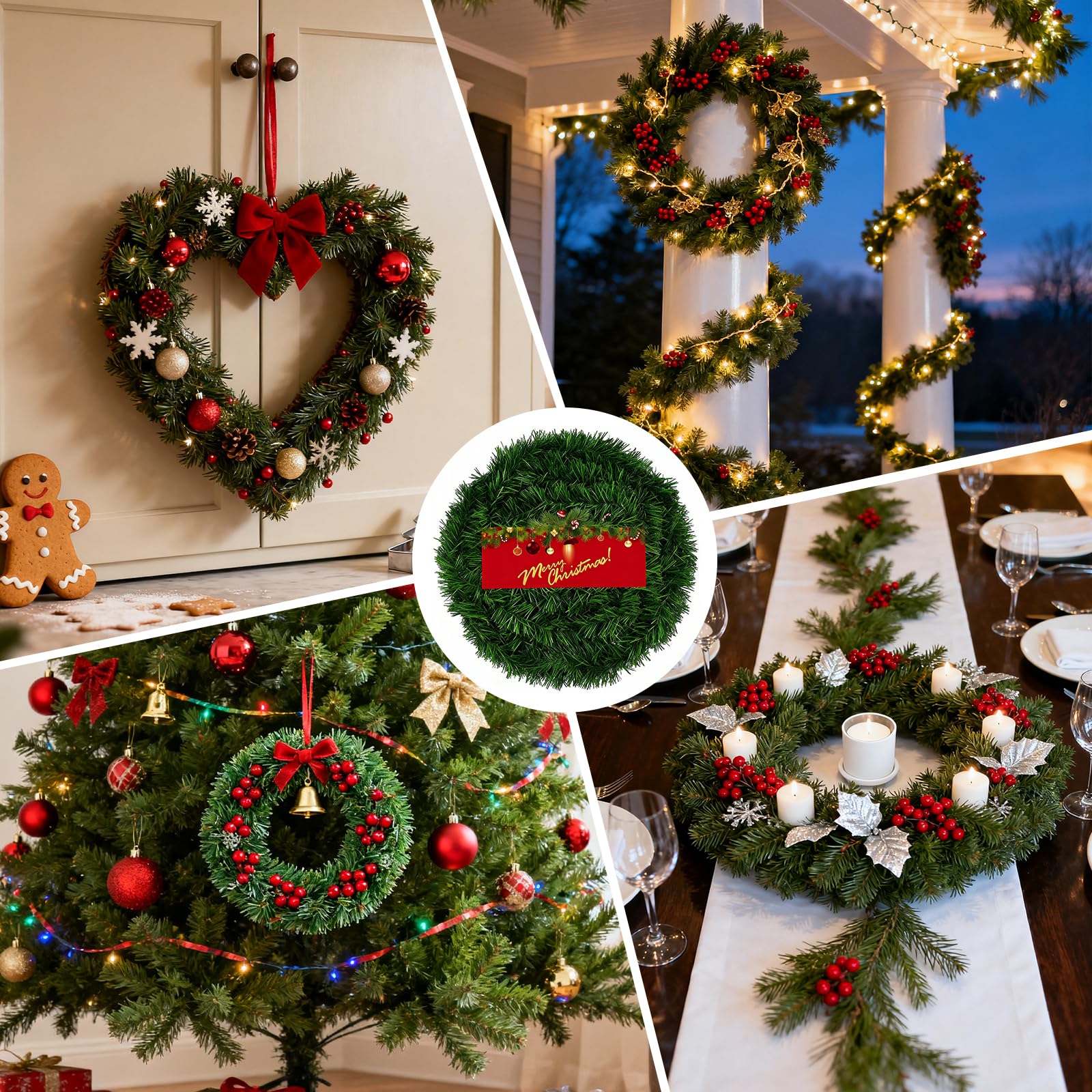 15 m lange Weihnachtsgirlande mit 45 Weihnachtsschleifen, 45 Weihnachtskugeln, Dekoration, künstliche Kieferngirlande für den Innen- und Außenbereich, Haus, Garten, Urlaub, Hochzeit, Party