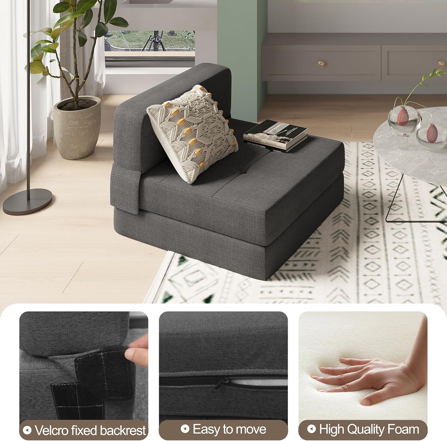 Convertible Folding Sofa Bed Couch - Dark Grey Memory Foam Fold Out Couches, Modern Linen Foldable Mattress Sleeper Chair for Living Room/Home Office/Apartment