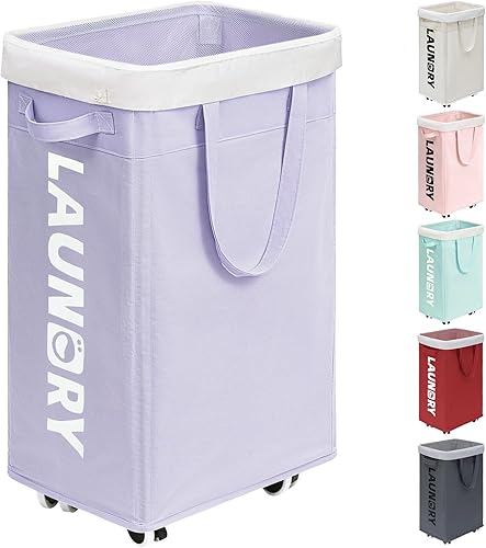 Miniatura 9 de Goodpick Cesta de lavandería con ruedas, cesta de lavandería grande plegable de 75 L, cesta de lavandería delgada con bolsa de lavado extraíble para