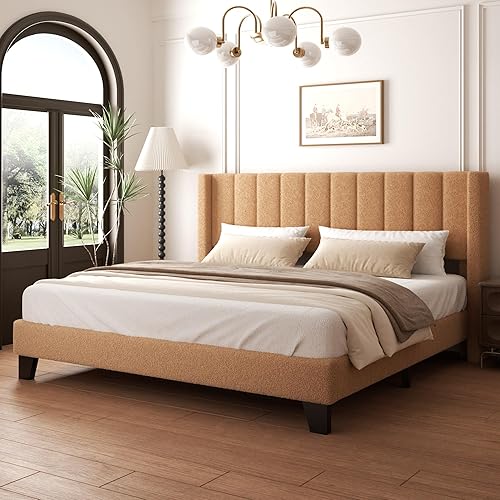 Miniatura 10 de Marco de Cama Queen con Cabecero Tapizado Marco de Cama de Plataforma con Cabecero de Terciopelo Teddy, Soporte de Listones de Madera/Diseño de