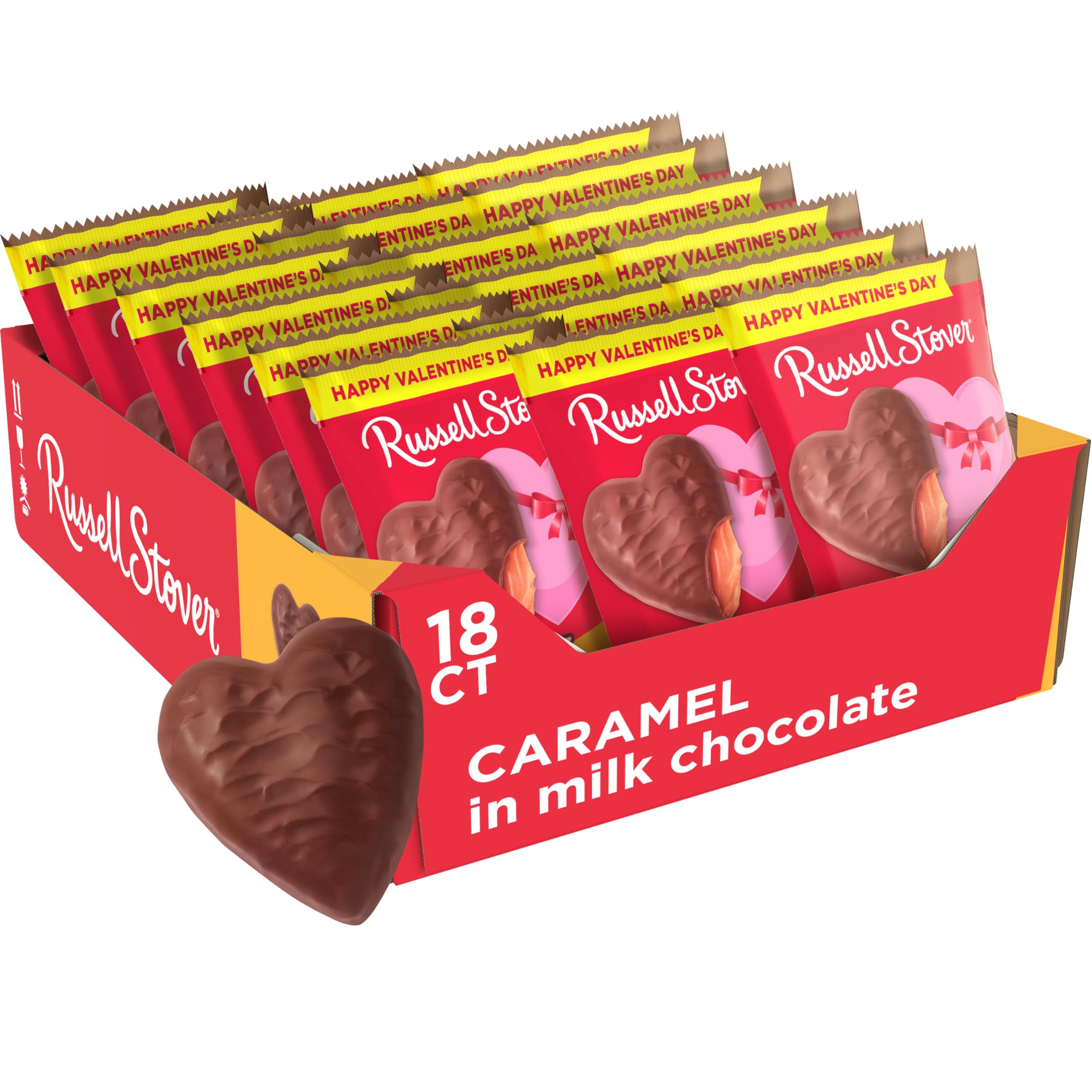 RUSSELL STOVER Valentine's Day Milk Chocolate Caramel Heart, 1.3 oz. (Pack of 18)