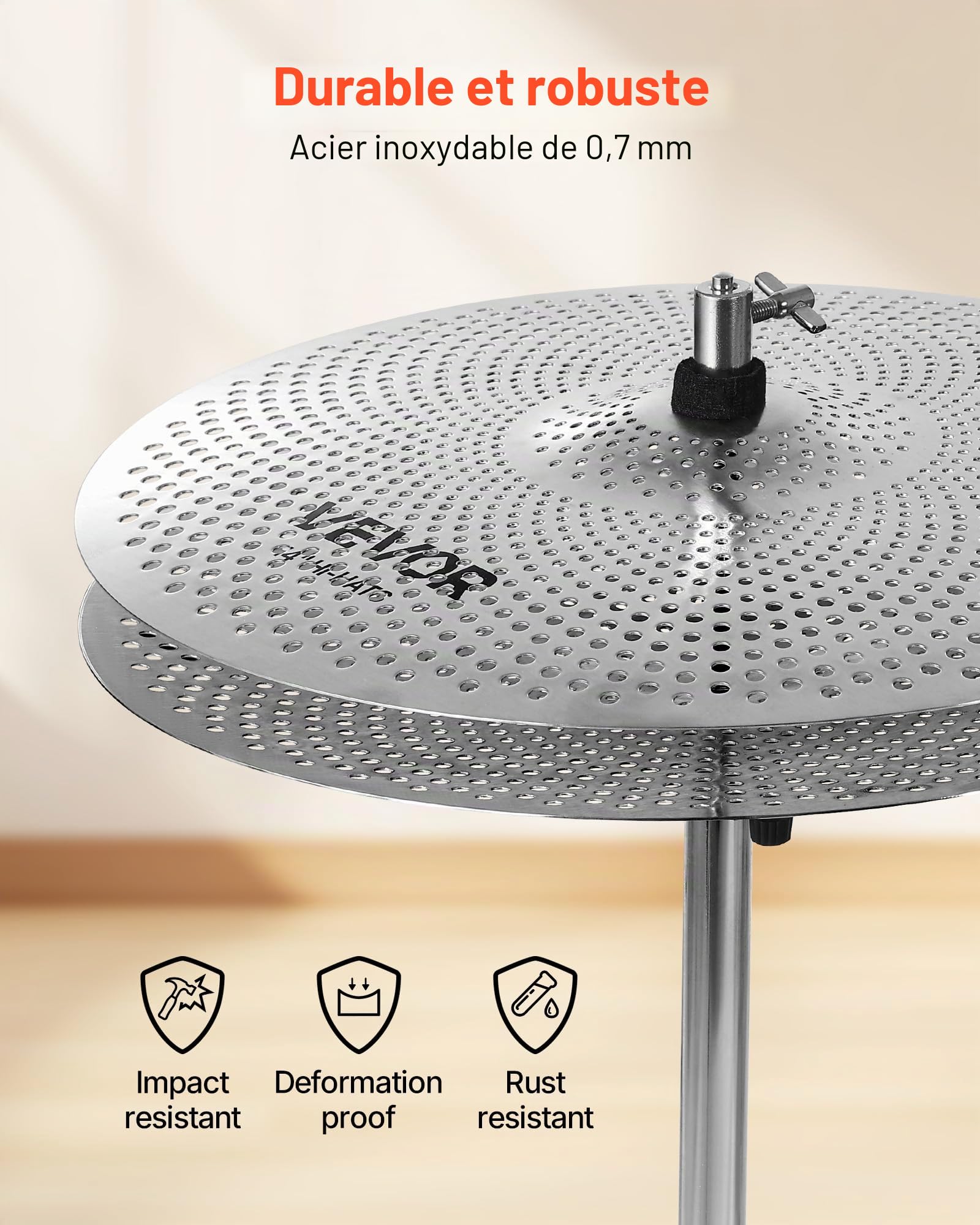 VEVOR Ensemble de Cymbales Batterie, Cymbale Charleston 355 mm, Crash 400 mm, Crash 455 mm, Ride 505 mm, avec Baguettes, Sac de Rangement, Lot de 4 Cymbales à Faible Volume, Couleur Argent Brillant