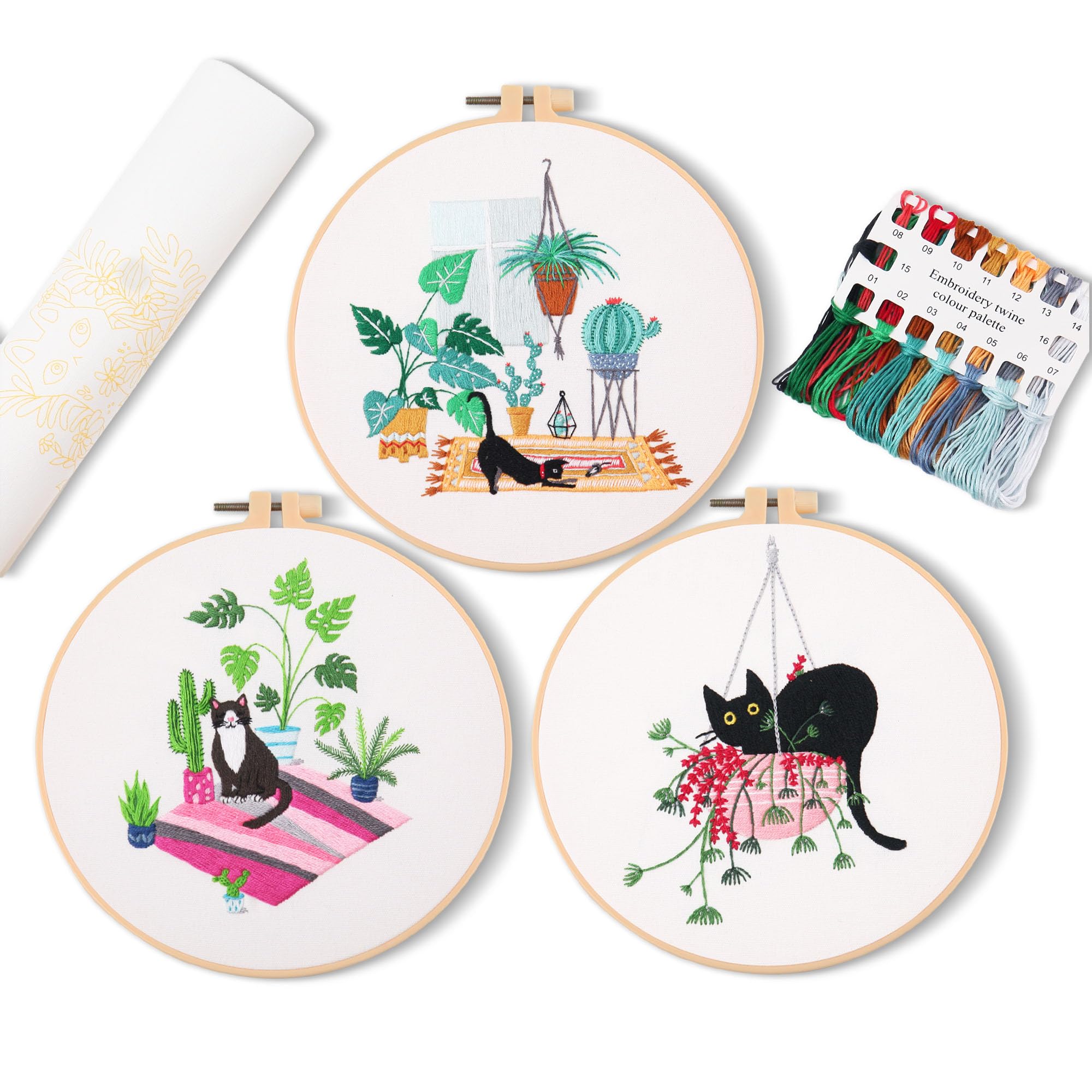 REEWISLY 4 pcs of Embroidery Starter kit with Patterns and Instructions, DIY Adult Beginner Cross Stitch Kits, Including 2 Plastic Embroidery Rings, 1 Pair of Scissors, Colored Threads and Needles