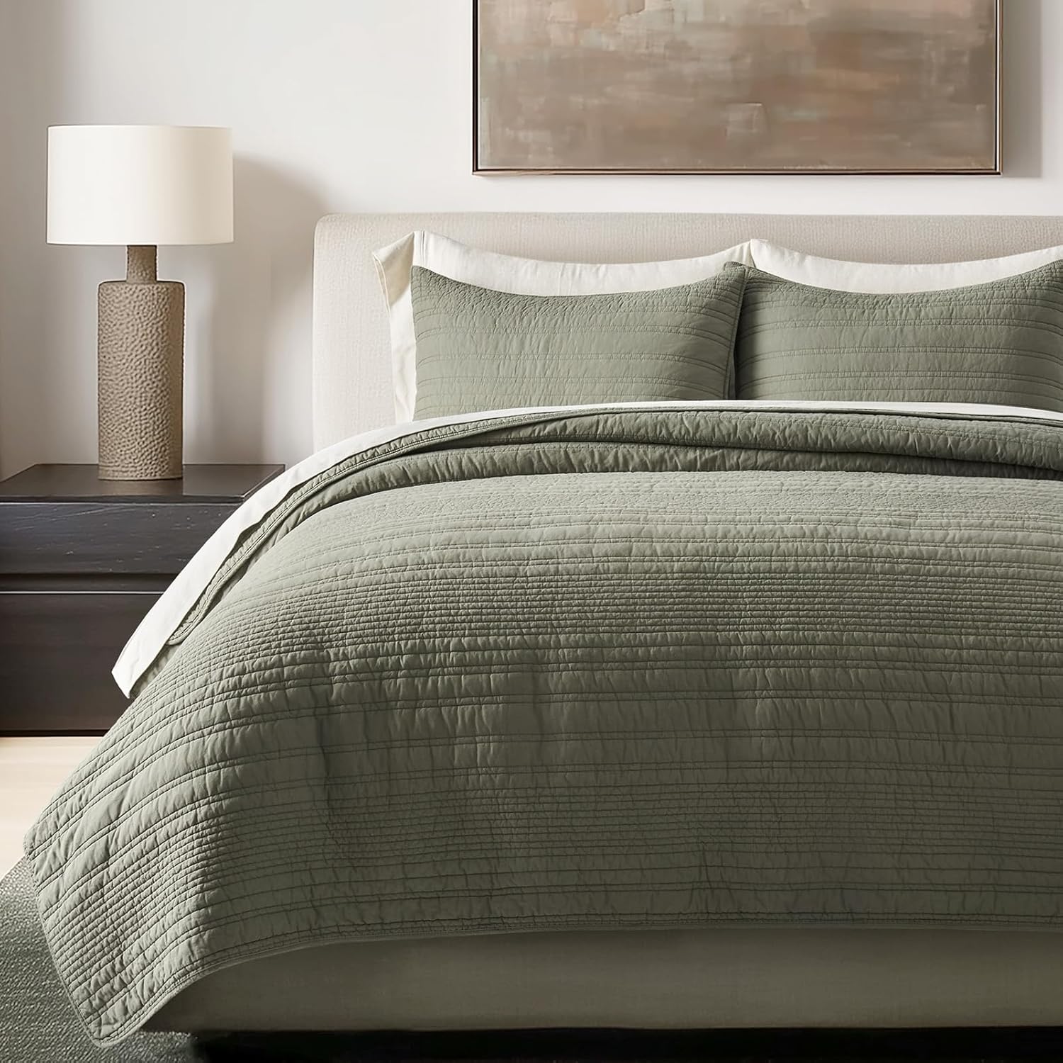 evergracehome 100% cotton modern lines quilt set queen size, pre-washed soft striped coverlet bedspread, 3 piece lightweight bedding set for all season, with 2 pillow shams, olive green olive green full/queen (92" x 92")