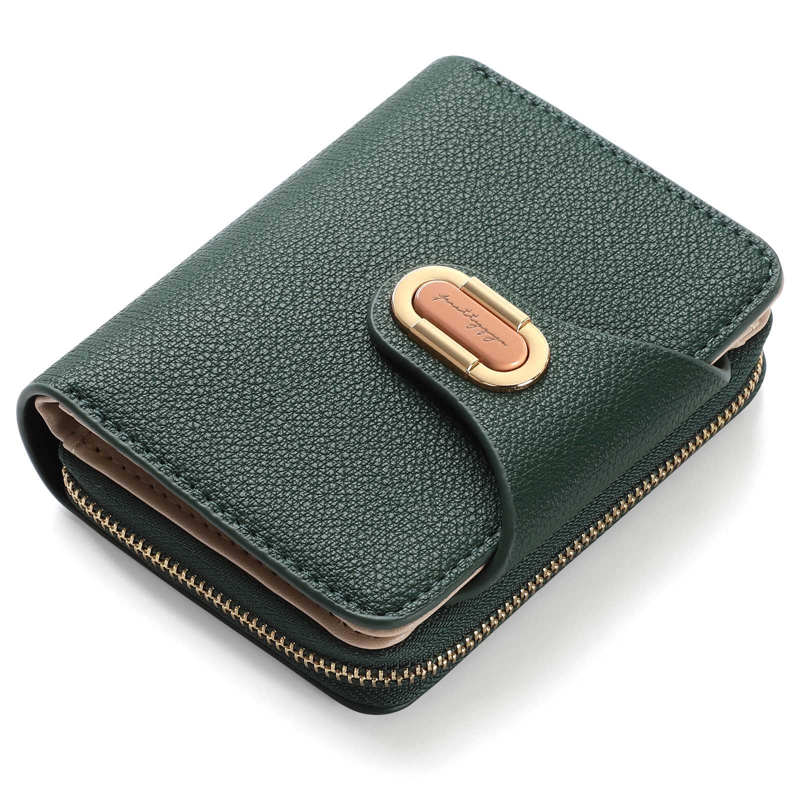 RRANCharltu Geldbörse Damen klein, Portemonnaie Damen klein PU-Leder Kleiner Geldbeutel mit großes Reißverschluss-Münzfach Mini Geldbörse Stylisches Design mit Metall-Druckknopf, Grün